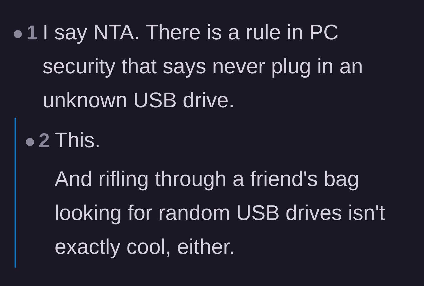 Comment thread 6 - Final verdict on the golden rule of PC security mixed with condemnation of the friend's snooping.