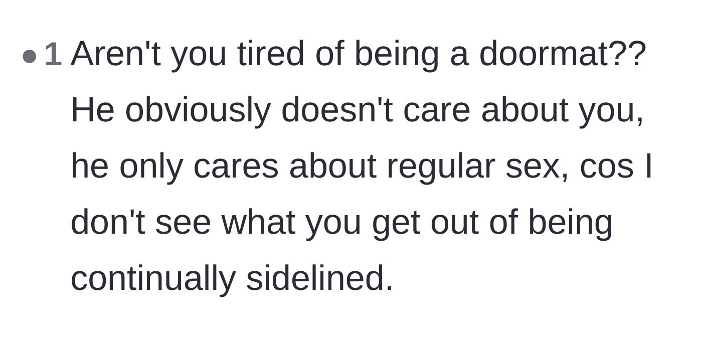 Comment thread 3 - Questioning why the main character continues to endure being sidelined and treated like a doormat.