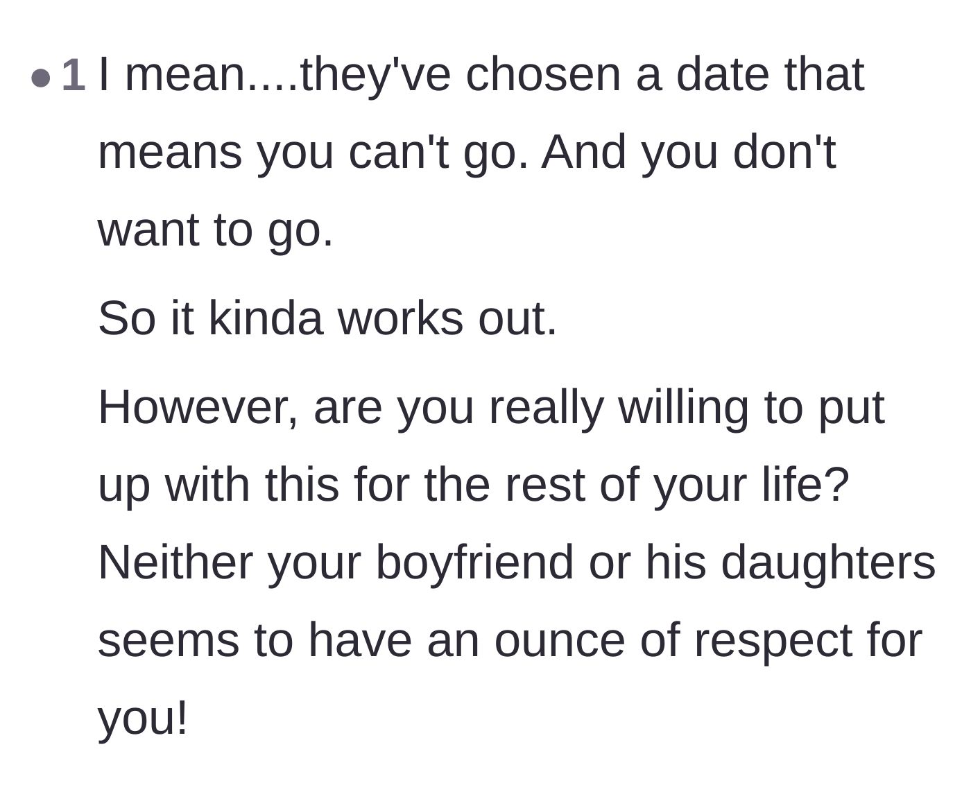 Comment thread 4 - Highlighting the lack of respect from both the boyfriend and daughters and questioning the relationship's future.