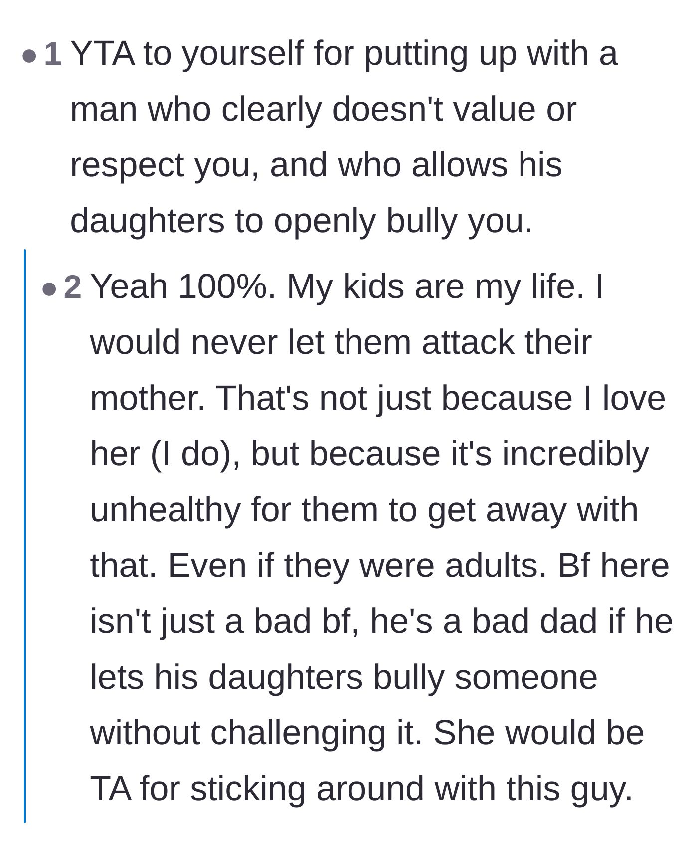 Comment thread 5 - A deep dive into the unhealthy, emotionally enmeshed relationship between the boyfriend and his controlling daughter.