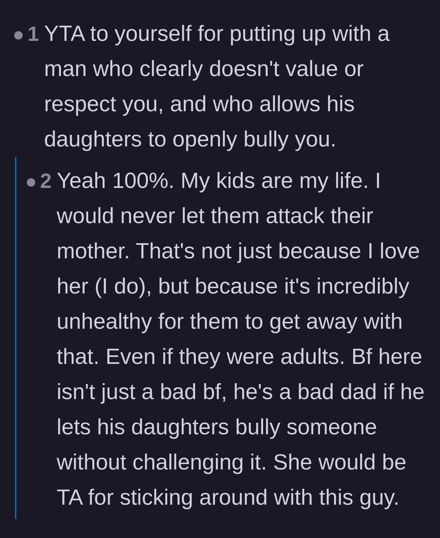 Comment thread 5 - A deep dive into the unhealthy, emotionally enmeshed relationship between the boyfriend and his controlling daughter.