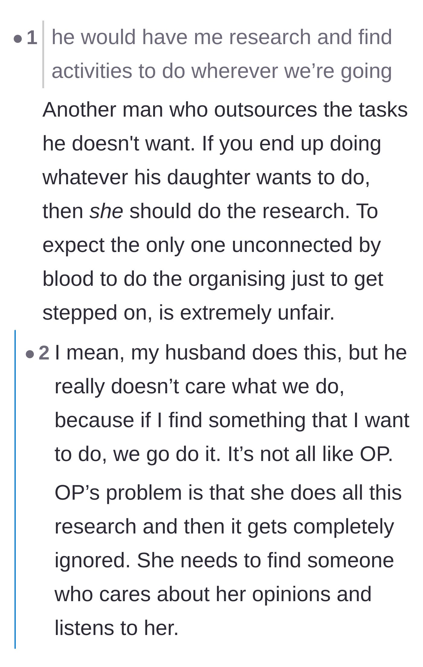 Comment thread 6 - Calling out the boyfriend for outsourcing emotional labor and vacation planning to the main character only to ignore her work.