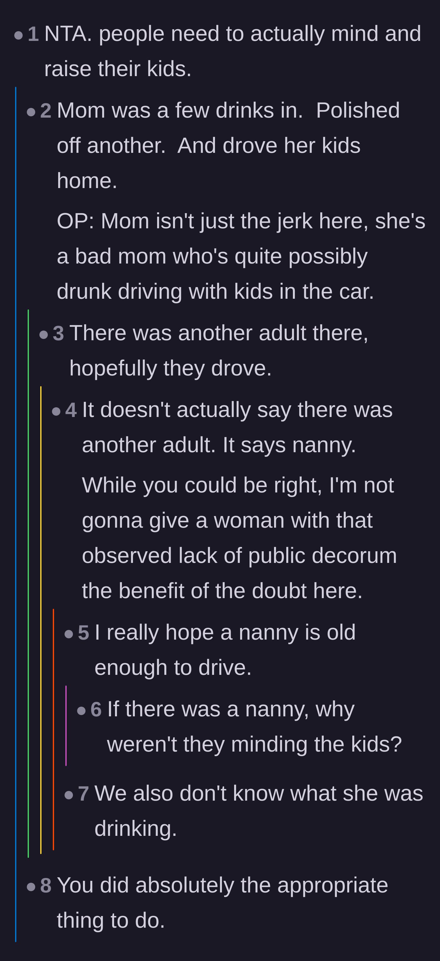 Comment thread discussing the mother's cocktail consumption and the confusing lack of supervision from the nanny.