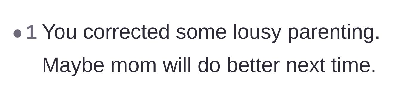 Comment thread praising the patron for stepping up and correcting the mother's terrible parenting.