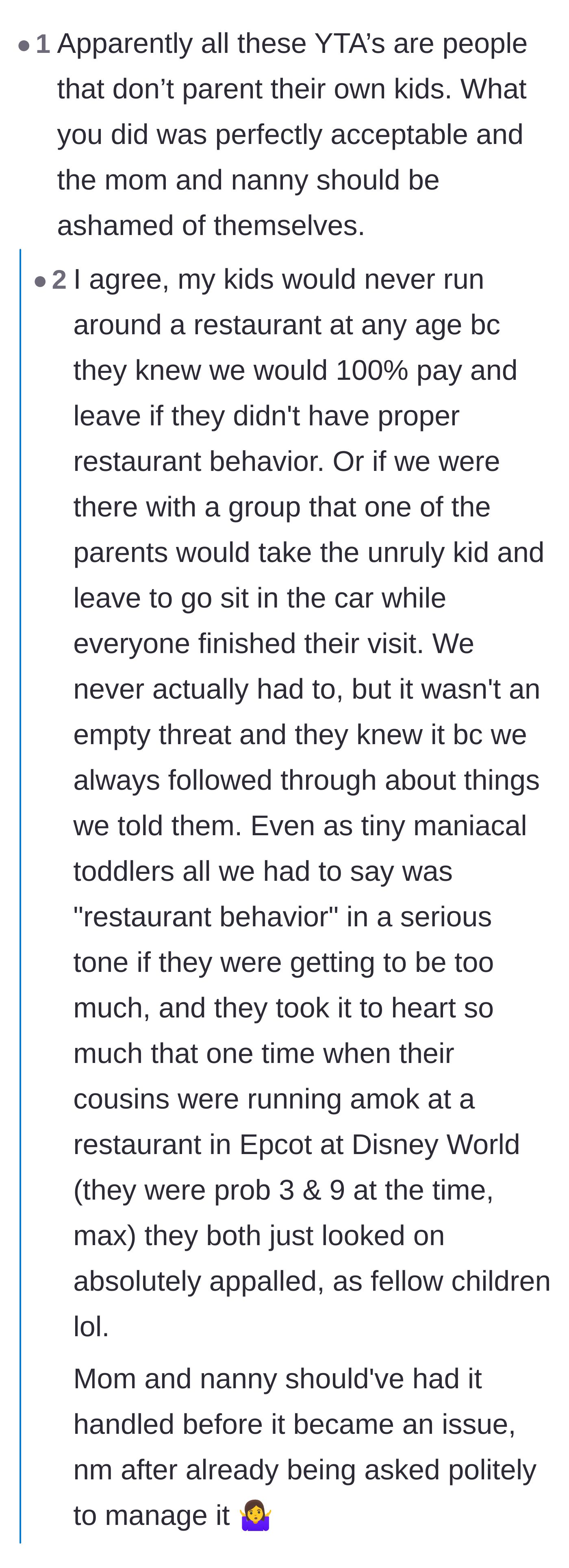 Comment thread criticizing parents who enable bad behavior and sharing personal anecdotes of strictly enforcing restaurant rules.
