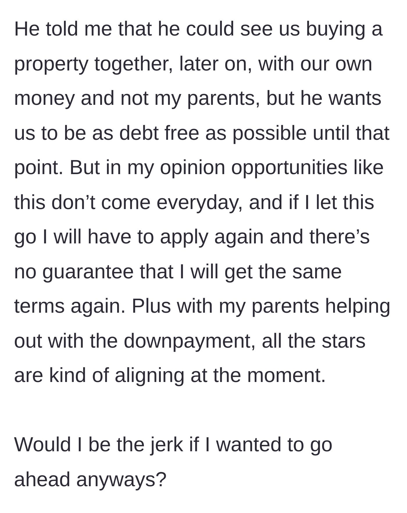 Story part 4 - The boyfriend's demand to wait and buy together later versus her logic.