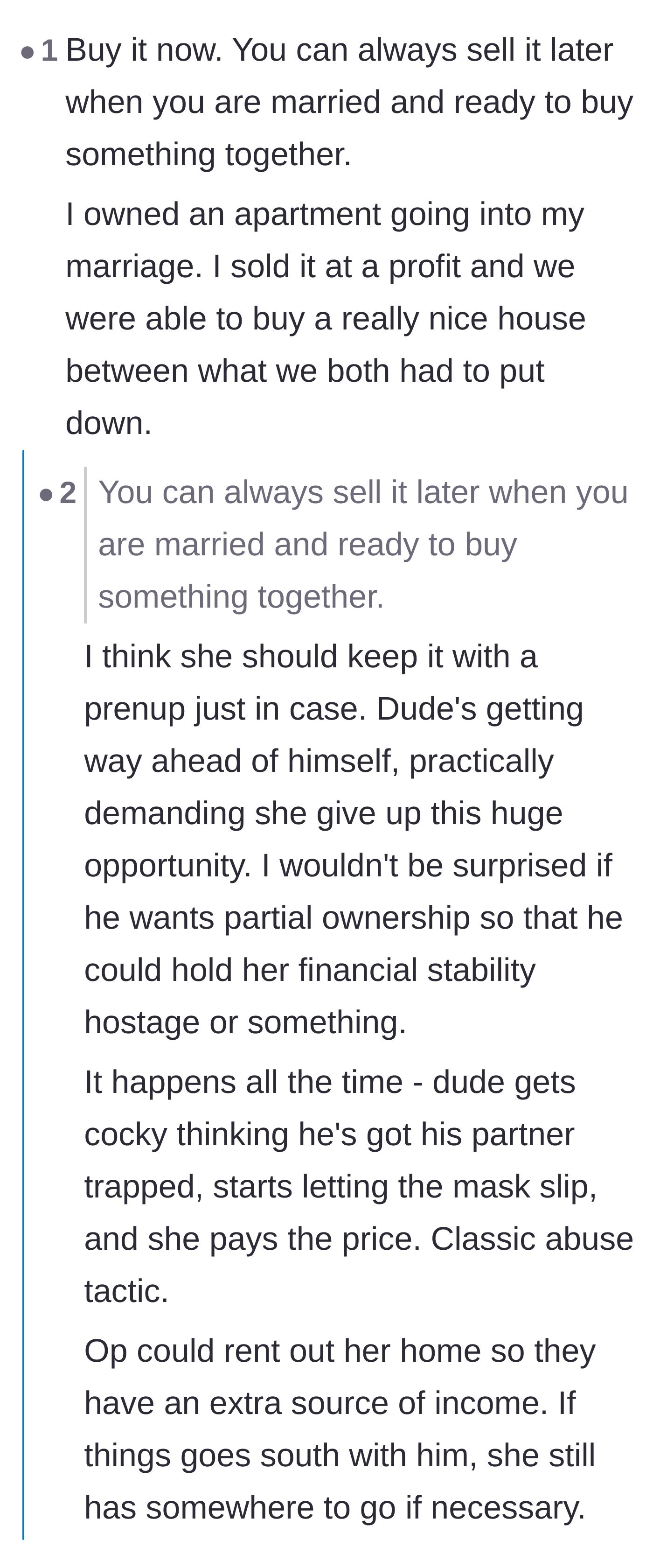 Comment thread 3 - Debating whether to sell the property later or keep it solely in her name to prevent financial hostage situations.