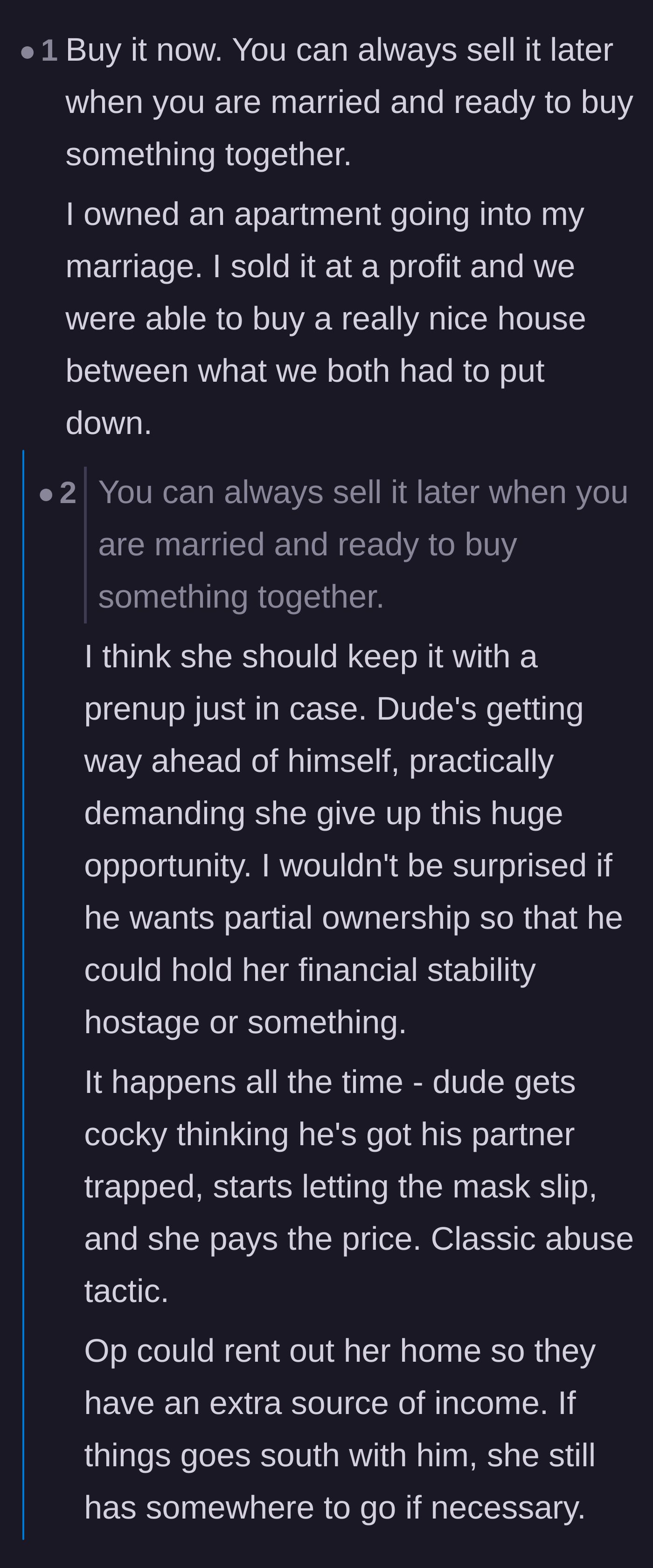 Comment thread 3 - Debating whether to sell the property later or keep it solely in her name to prevent financial hostage situations.