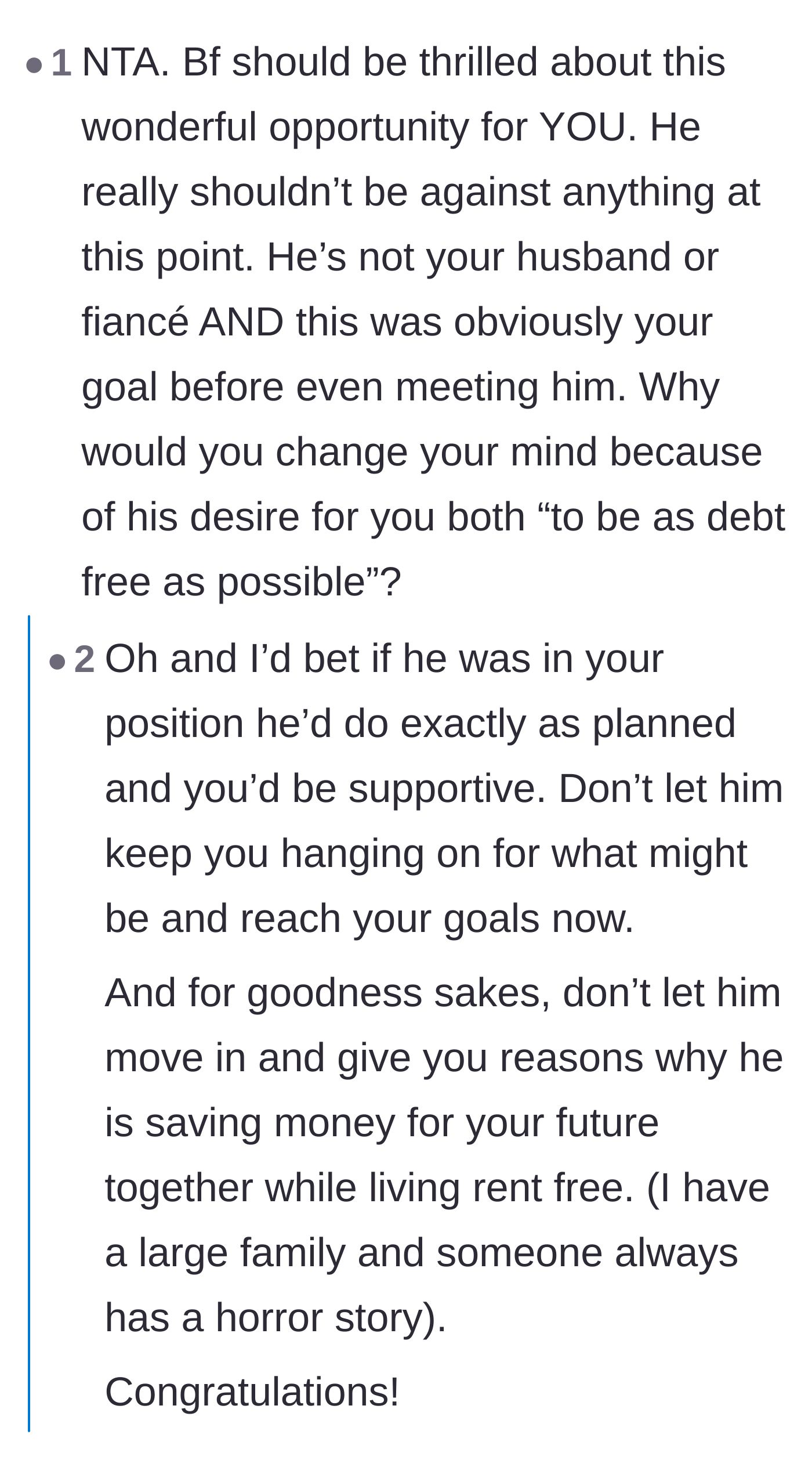 Comment thread 4 - Highlighting the double standard and warning against letting the boyfriend live rent-free under the guise of saving for their future.