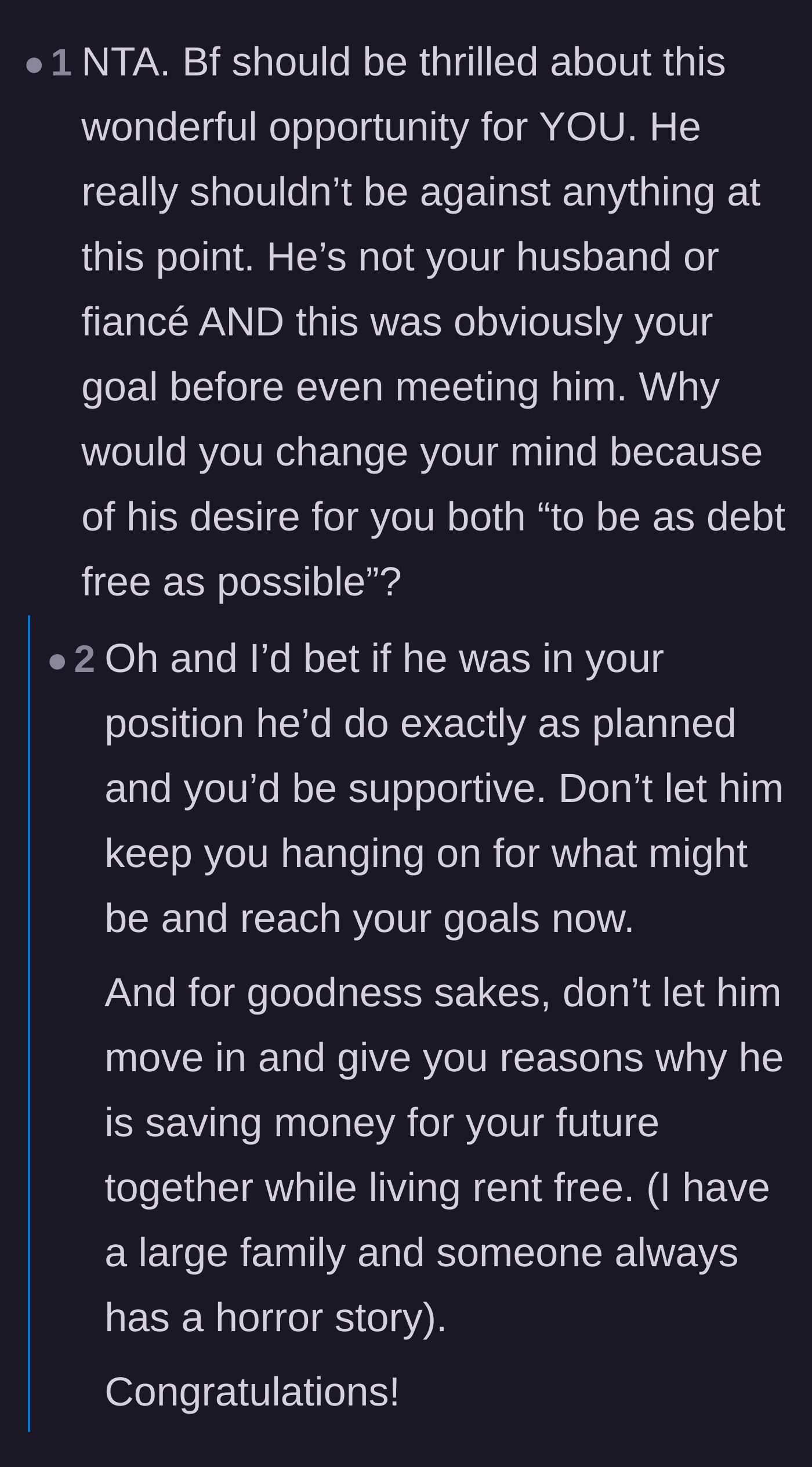 Comment thread 4 - Highlighting the double standard and warning against letting the boyfriend live rent-free under the guise of saving for their future.