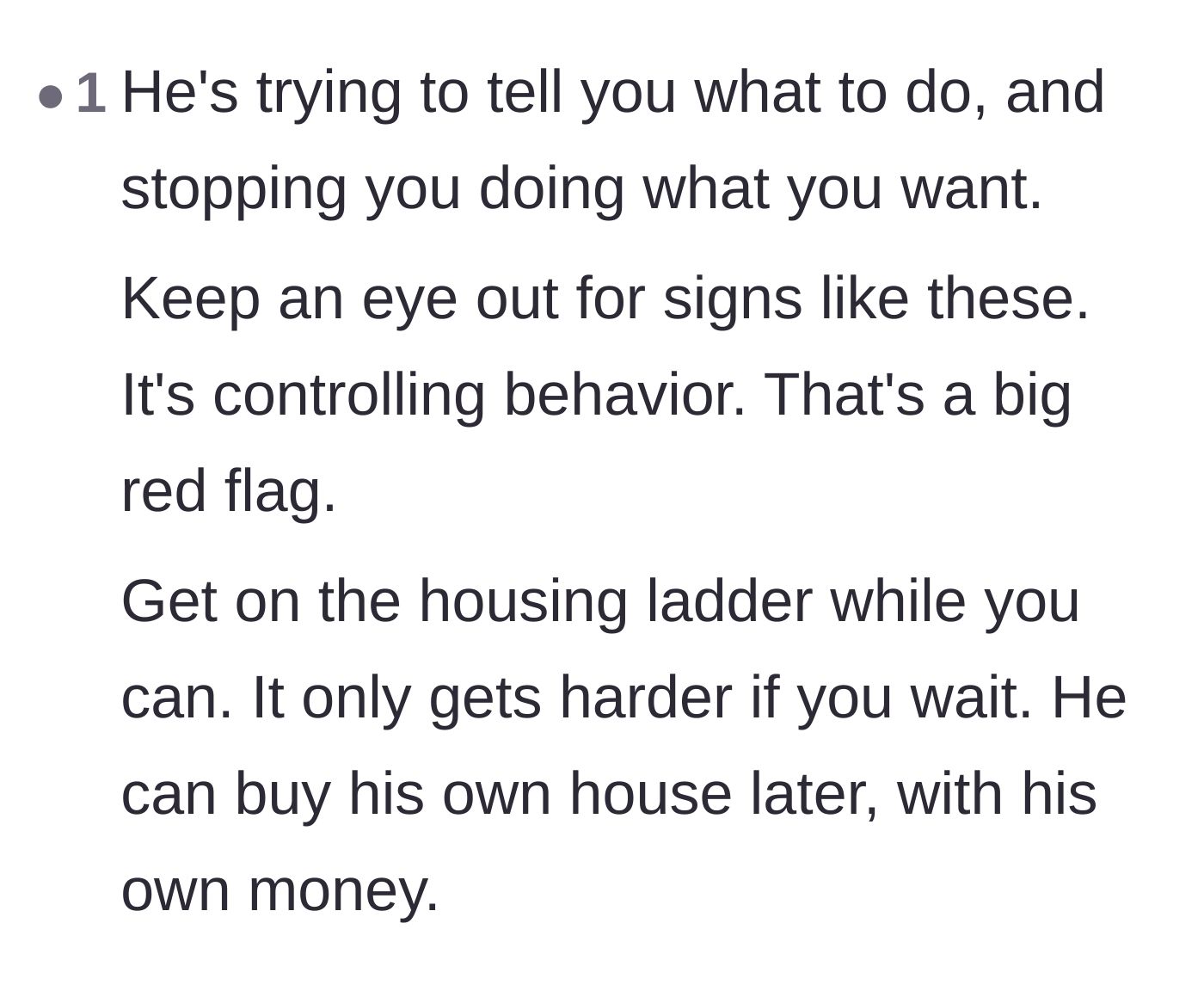Comment thread 6 - A straightforward warning to recognize the boyfriend's financial block as controlling behavior.