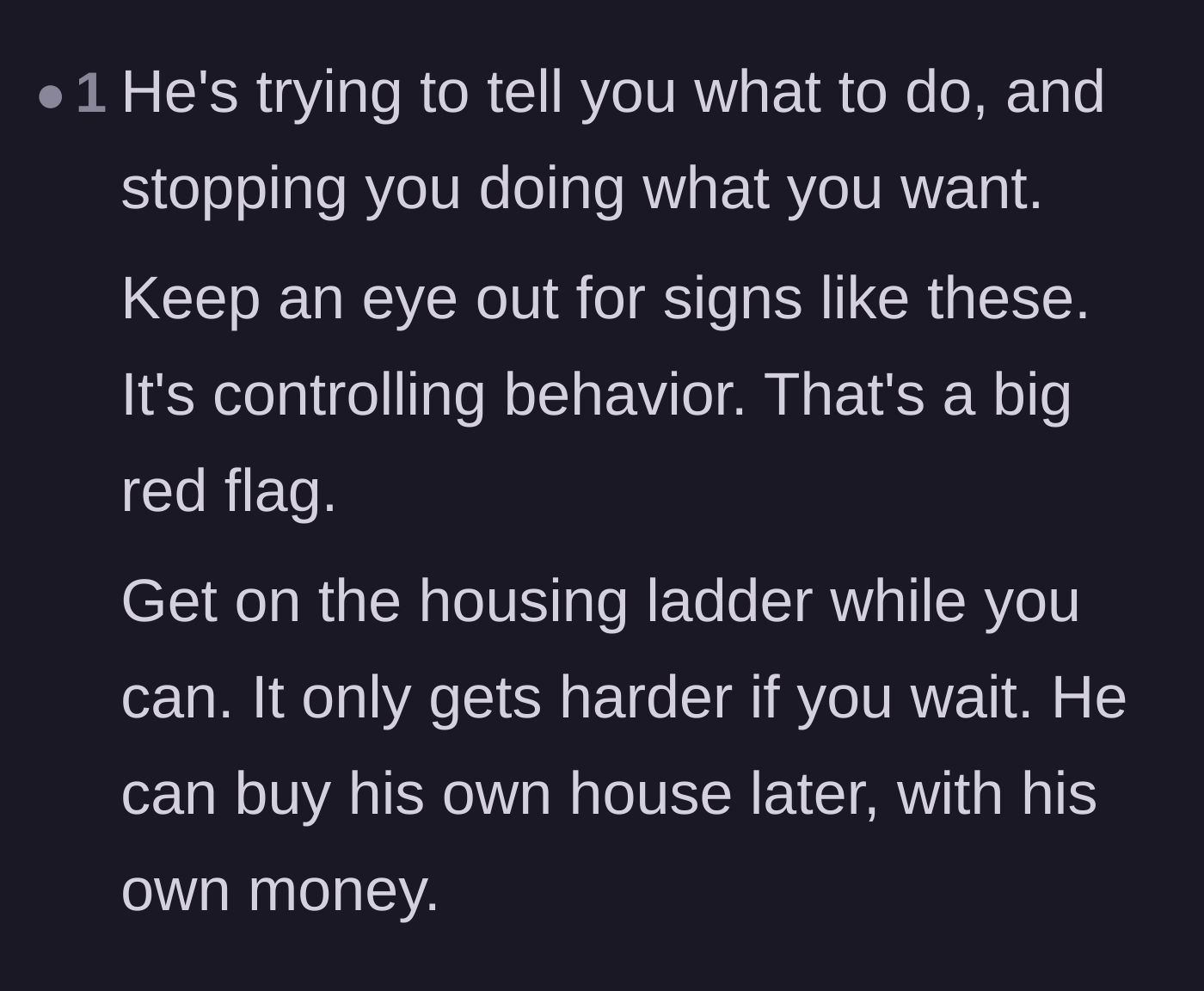 Comment thread 6 - A straightforward warning to recognize the boyfriend's financial block as controlling behavior.