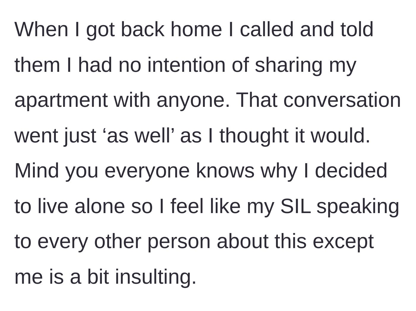 Story part 3 - The 23-year-old calls their parents to officially refuse the living arrangement, leading to an angry reaction.