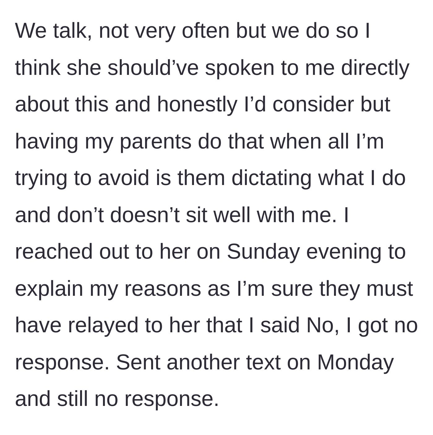Story part 4 - The 23-year-old texts the sister-in-law to explain their boundaries but gets completely ignored.