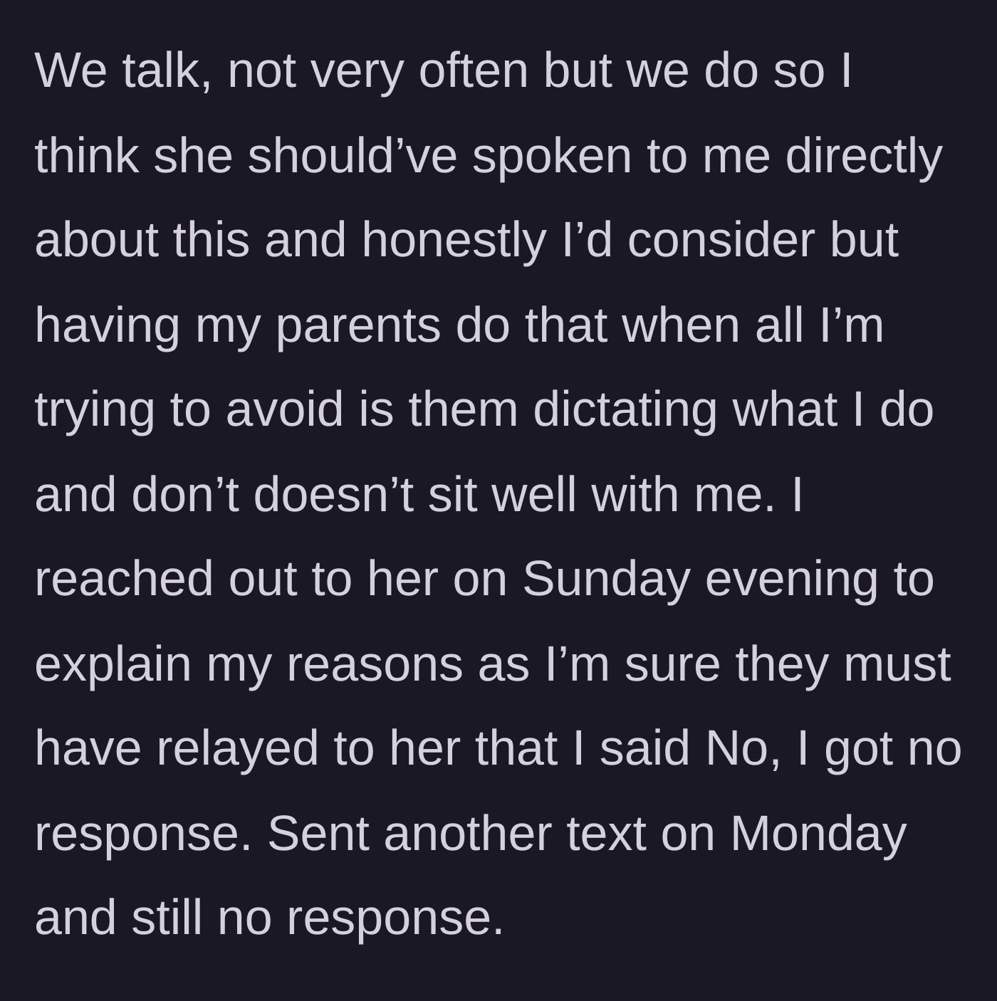 Story part 4 - The 23-year-old texts the sister-in-law to explain their boundaries but gets completely ignored.