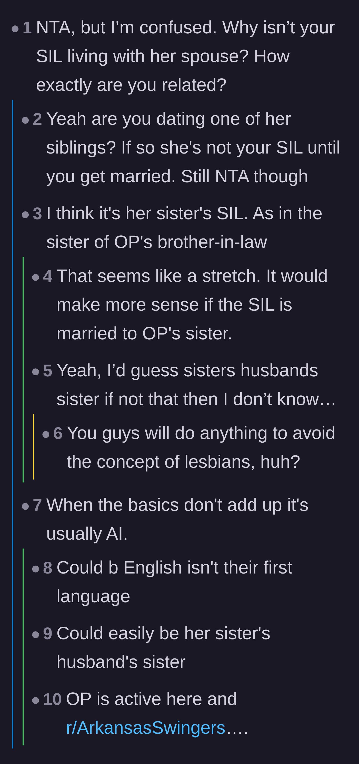 Comment thread 1 - Readers debating the confusing family dynamic and uncovering the author's bizarre Reddit history