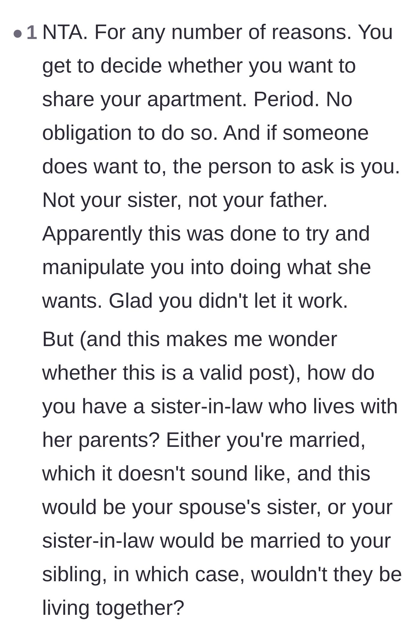 Comment thread 2 - A commenter pointing out the obvious right to refuse and questioning the living arrangements