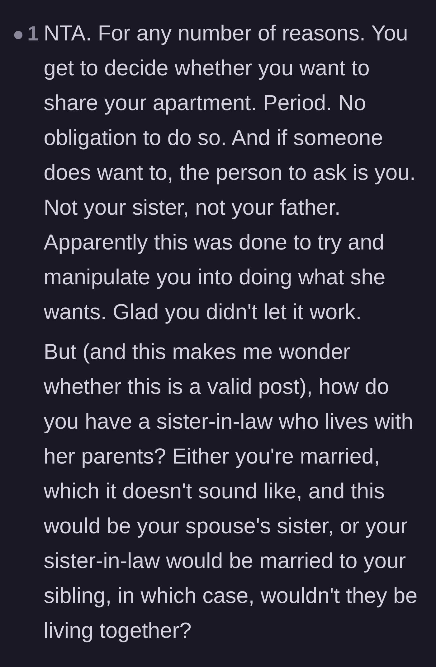 Comment thread 2 - A commenter pointing out the obvious right to refuse and questioning the living arrangements