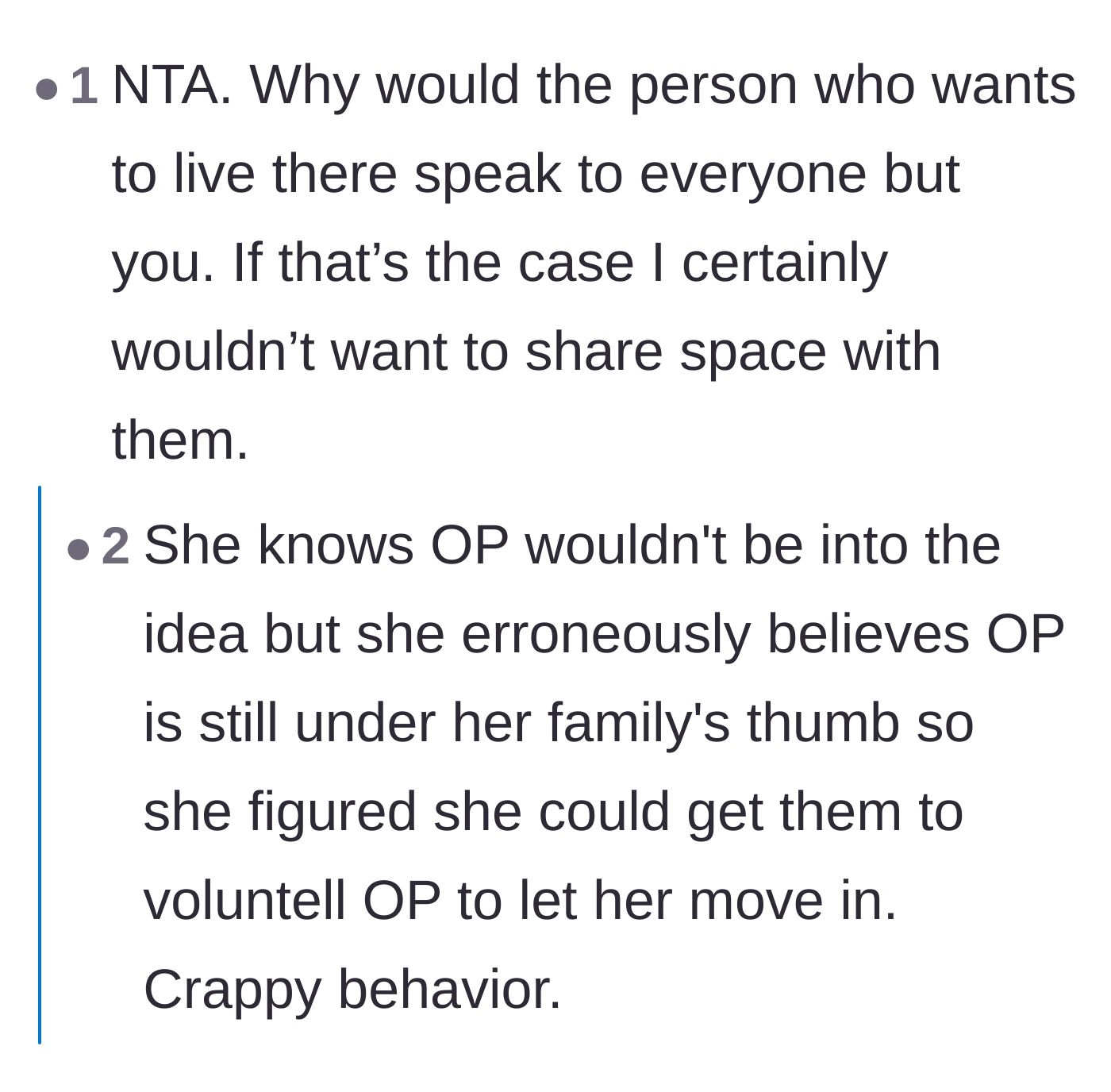 Comment thread 5 - Calling out the sister-in-law for deliberately using the parents to force a yes