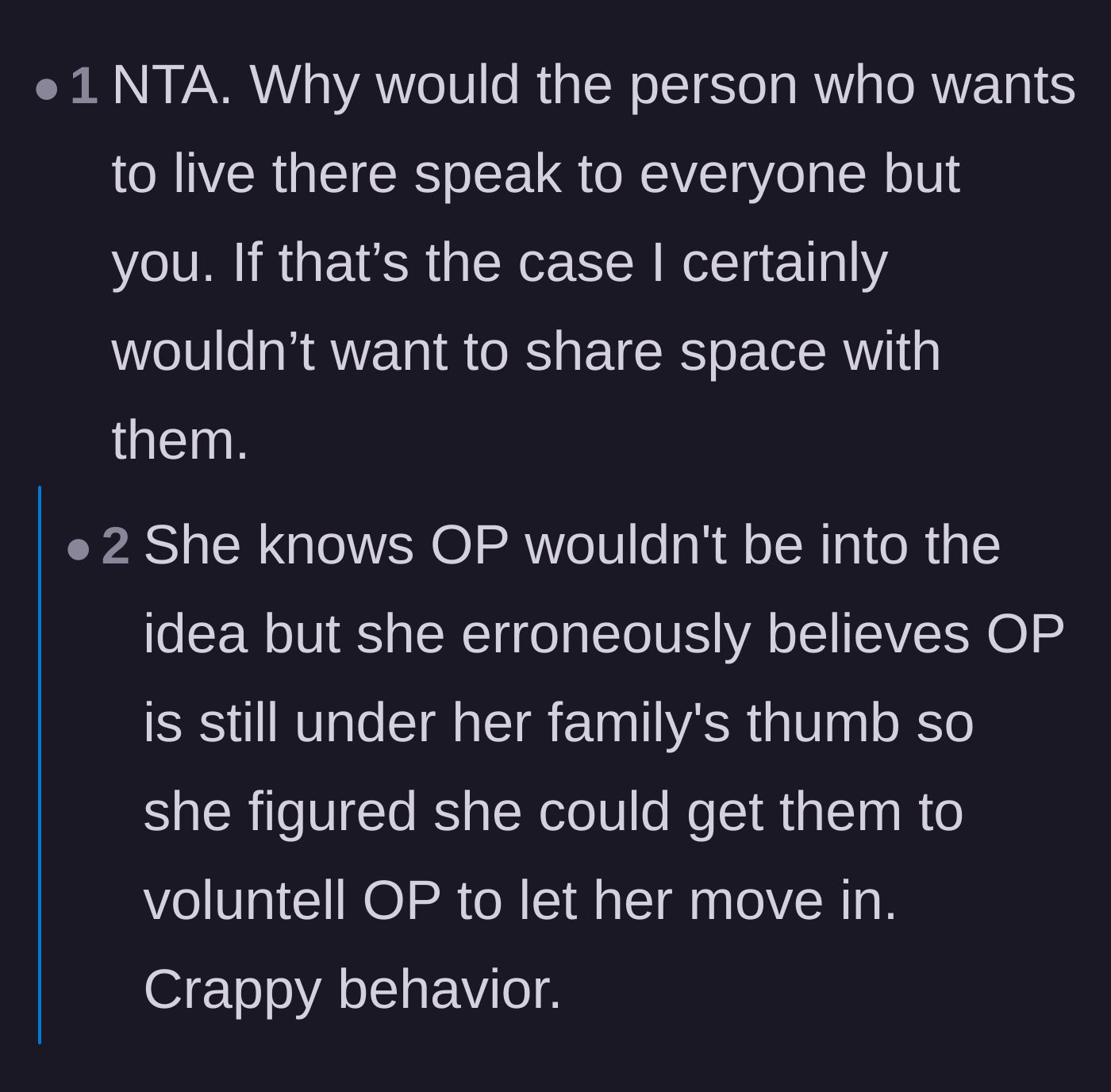 Comment thread 5 - Calling out the sister-in-law for deliberately using the parents to force a yes
