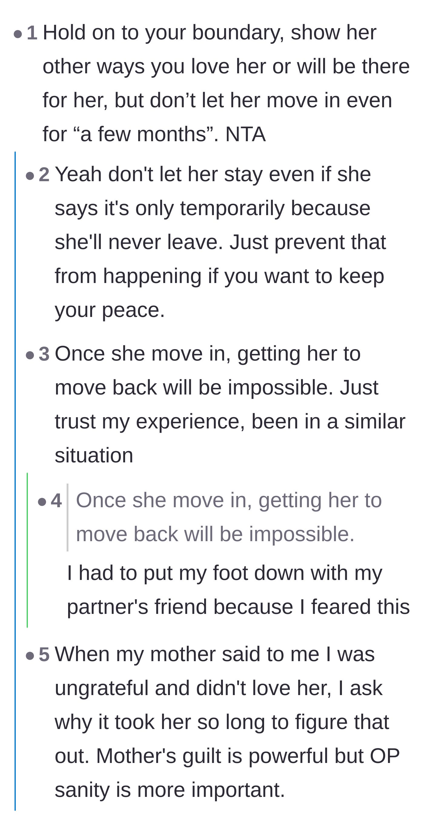 Comment thread 1 - Advice on maintaining boundaries because temporary stays become permanent, and sharing retorts for parental guilt trips
