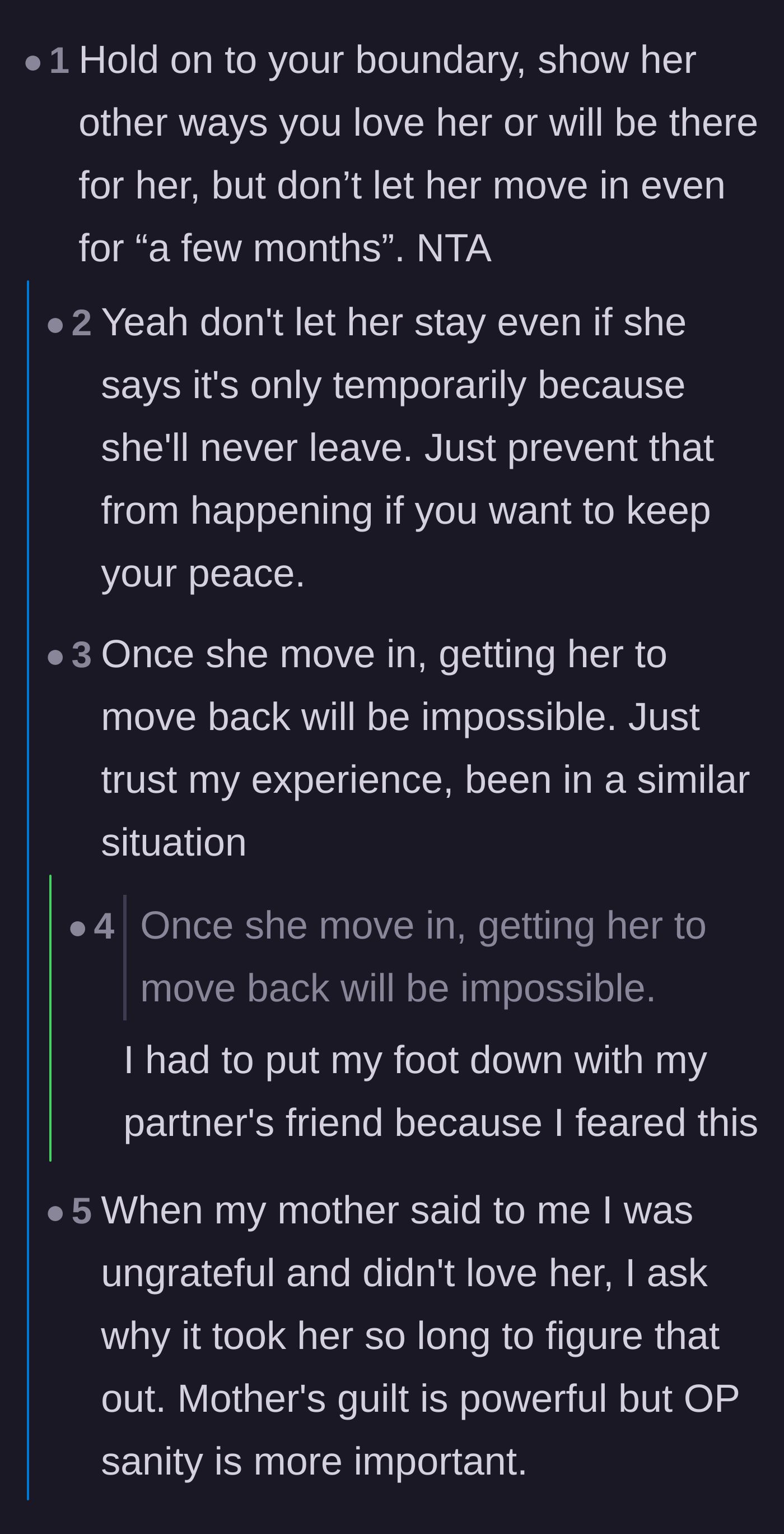 Comment thread 1 - Advice on maintaining boundaries because temporary stays become permanent, and sharing retorts for parental guilt trips