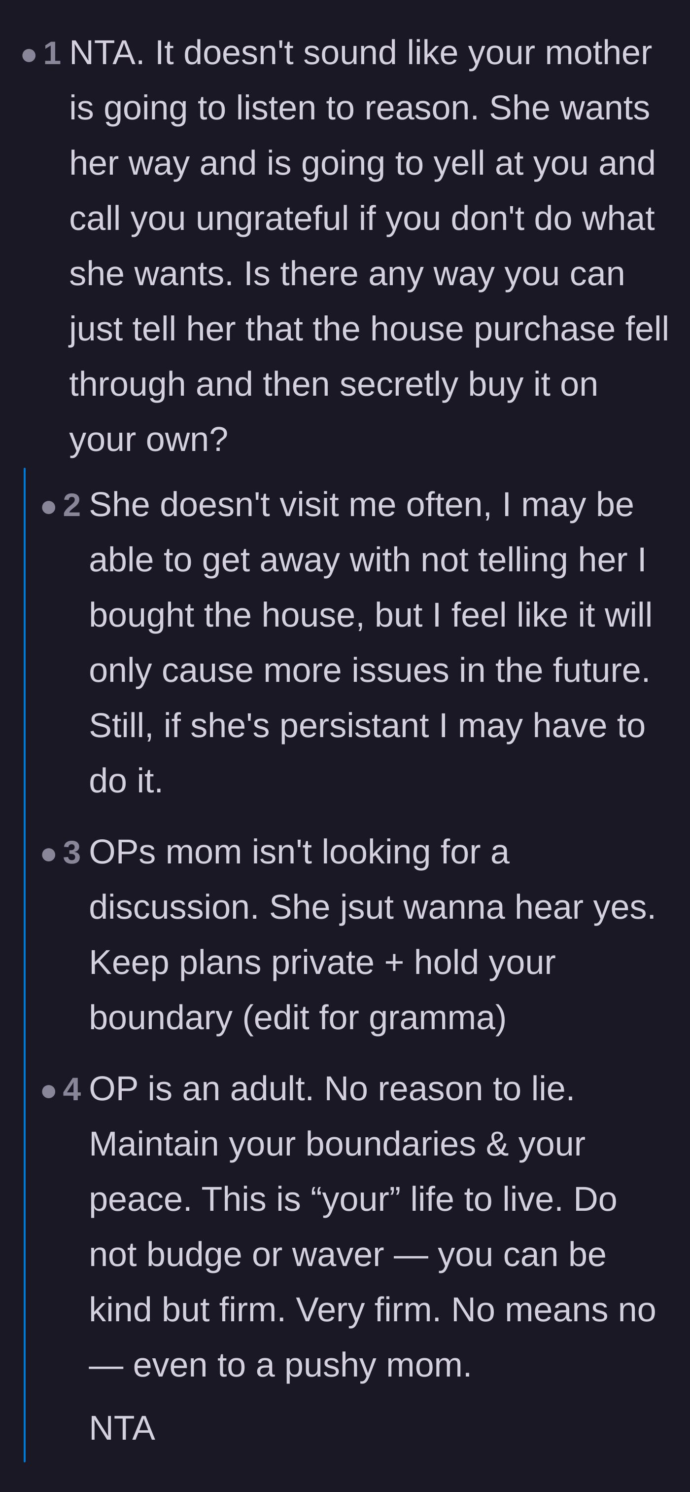 Comment thread 2 - Discussion on giving a firm no without excuses and refusing to give the mother a spare key