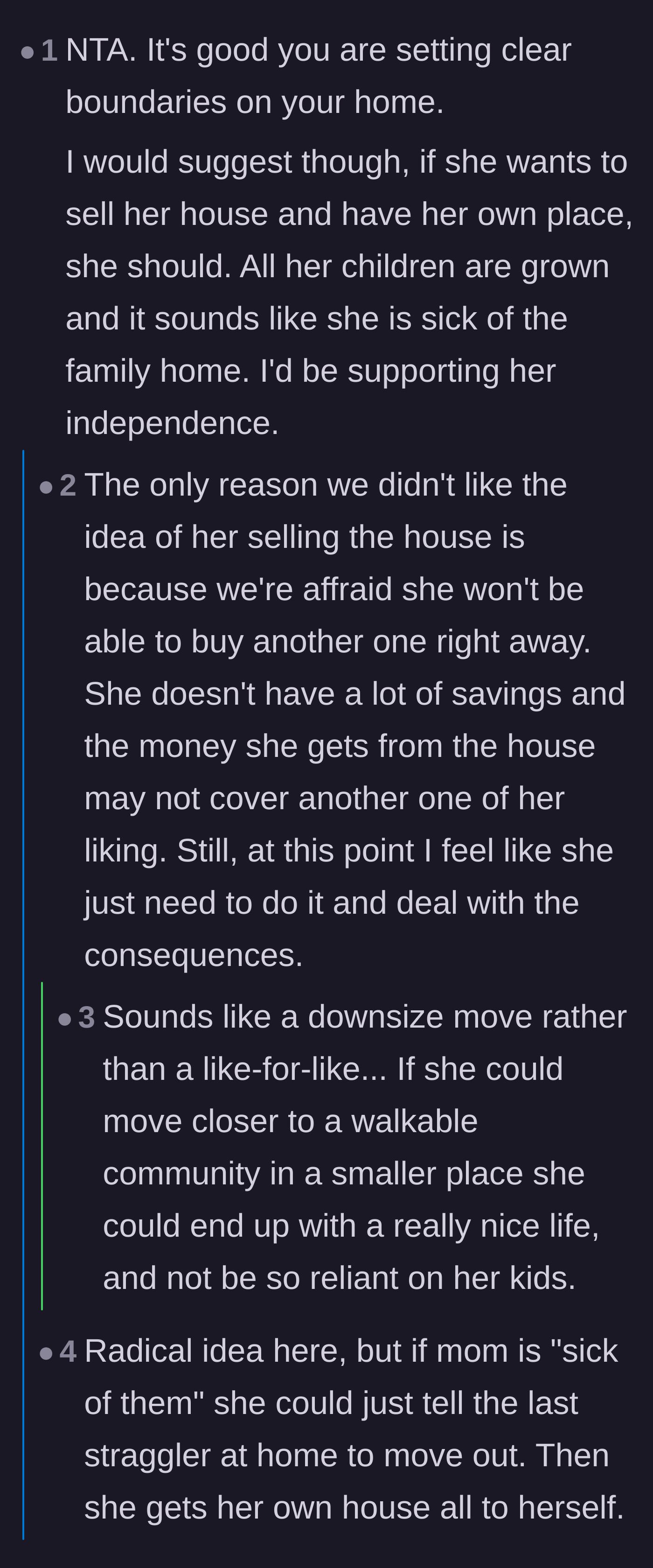 Comment thread 4 - Suggestions that if the mother is truly tired of her family, she should ask the adult sister to move out instead