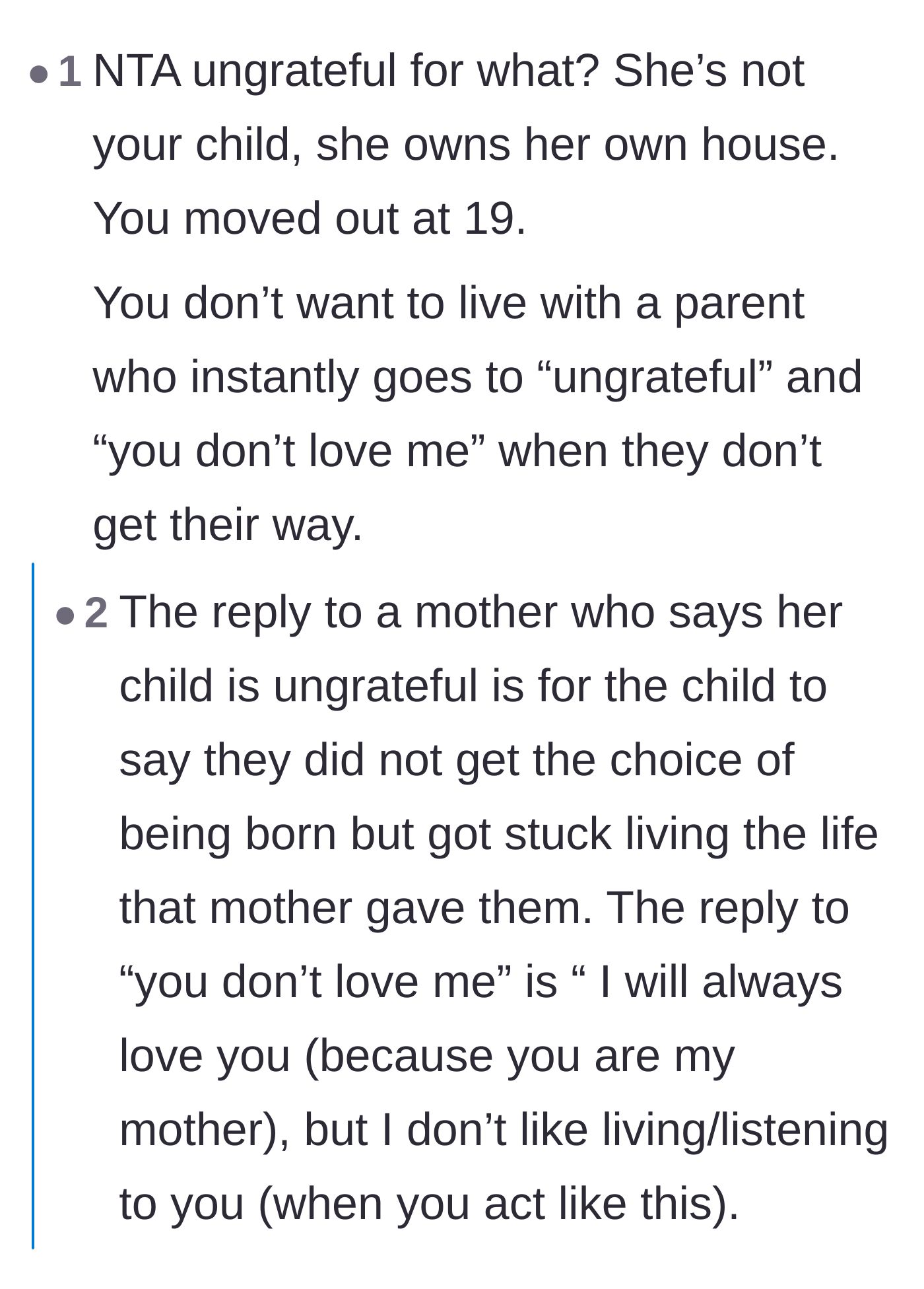 Comment thread 5 - Calling out the mother's baseless accusations of ungratefulness and sharing experiences of going no-contact