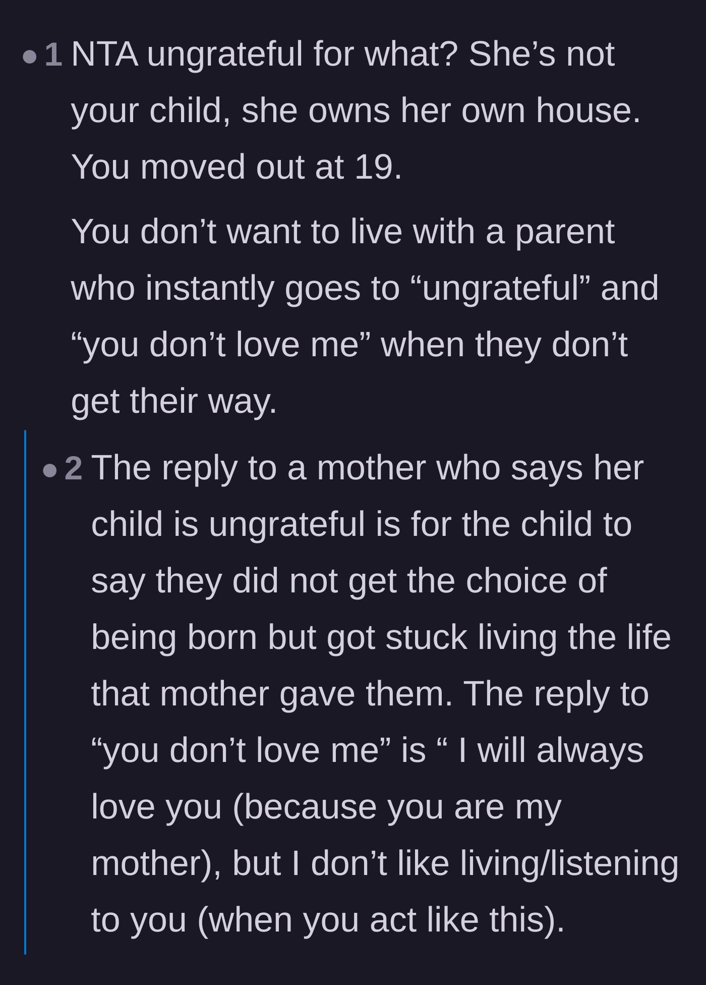 Comment thread 5 - Calling out the mother's baseless accusations of ungratefulness and sharing experiences of going no-contact