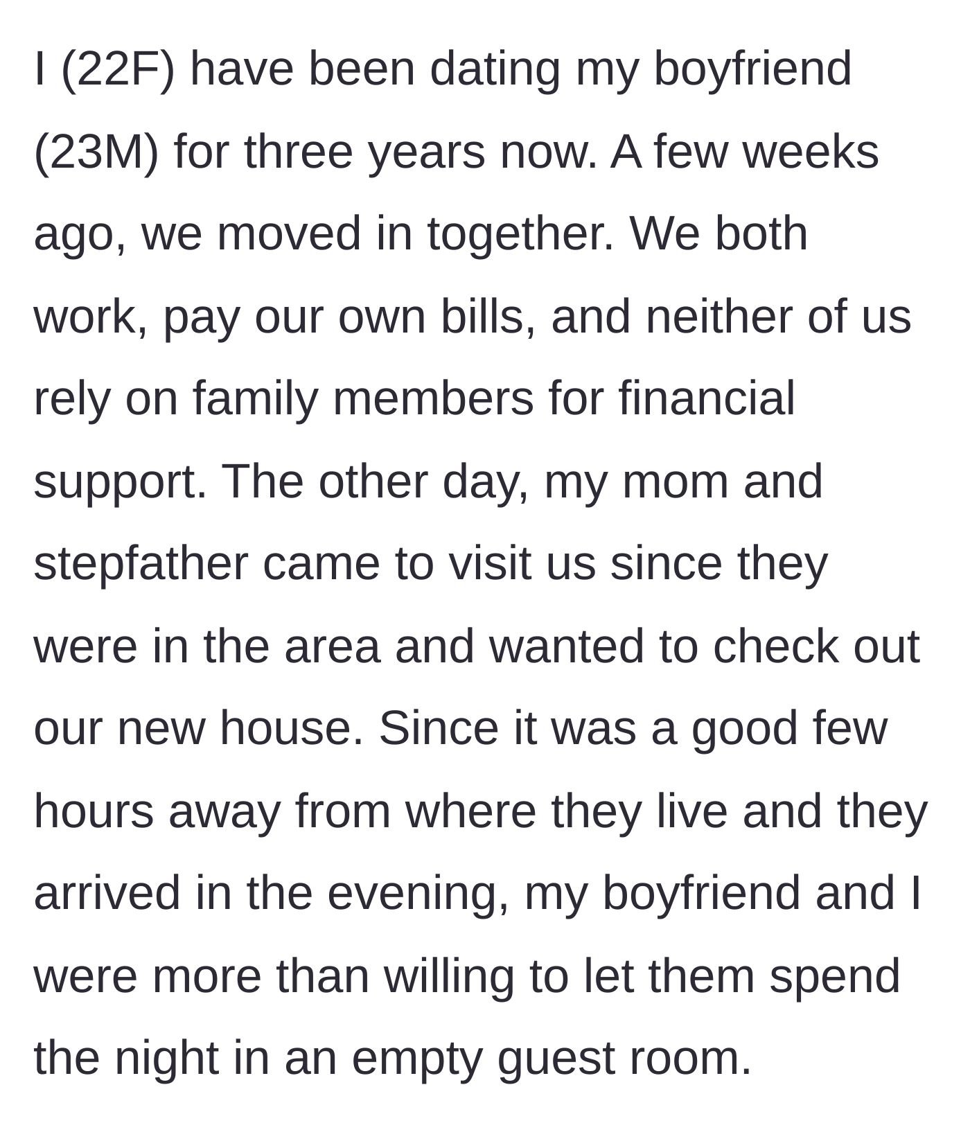 Story part 1 - A young couple proudly hosting her parents in their new shared home.
