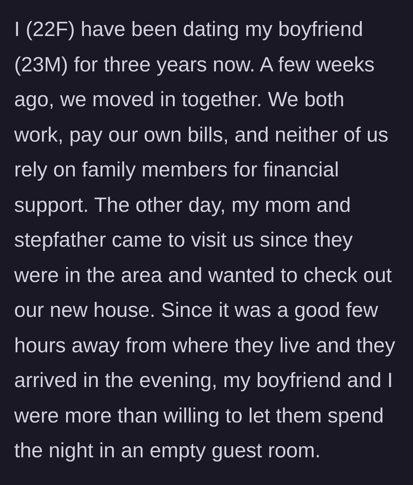 Story part 1 - A young couple proudly hosting her parents in their new shared home.