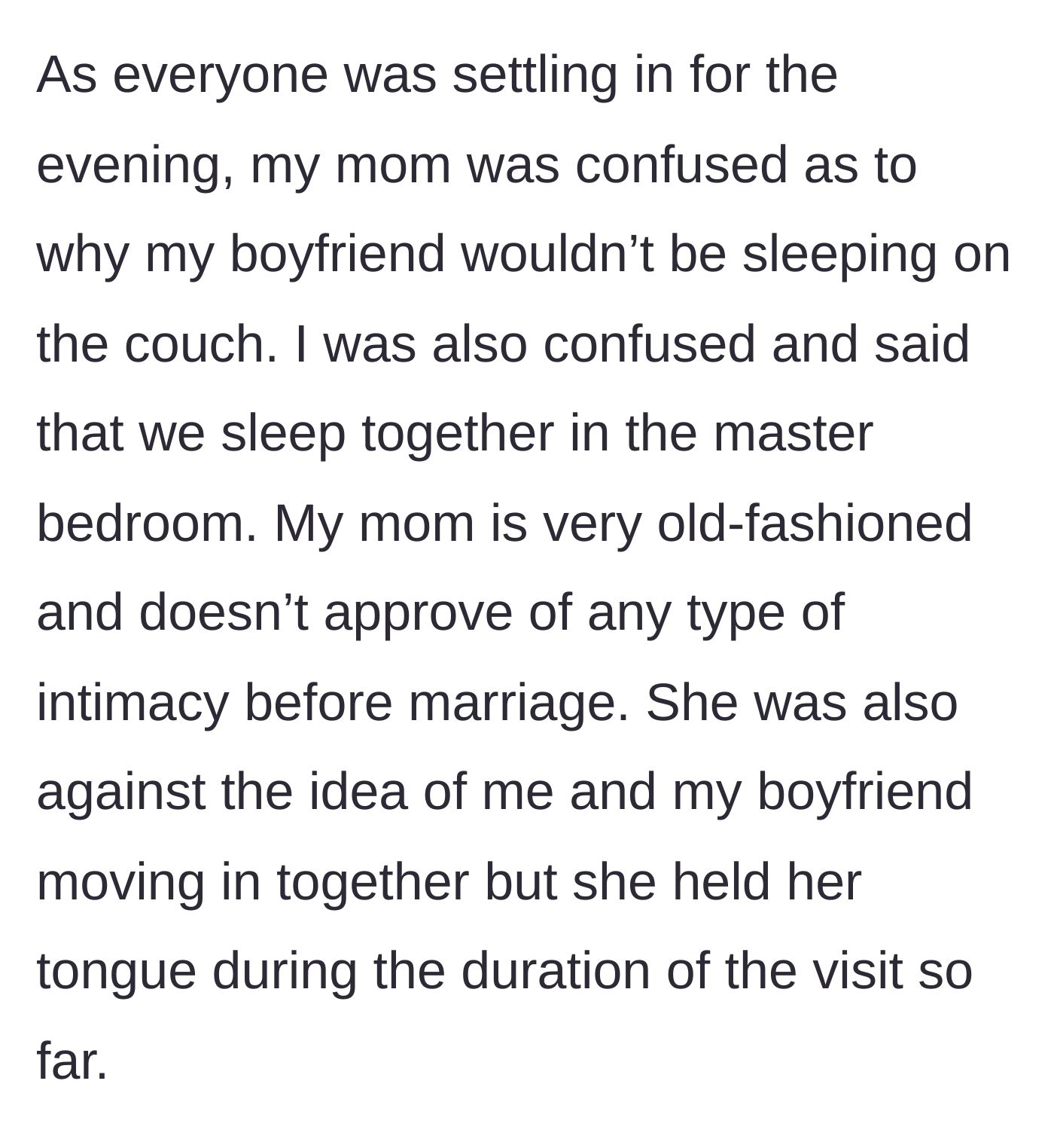 Story part 2 - The mother discovering the couple plans to sleep in their own shared bed.