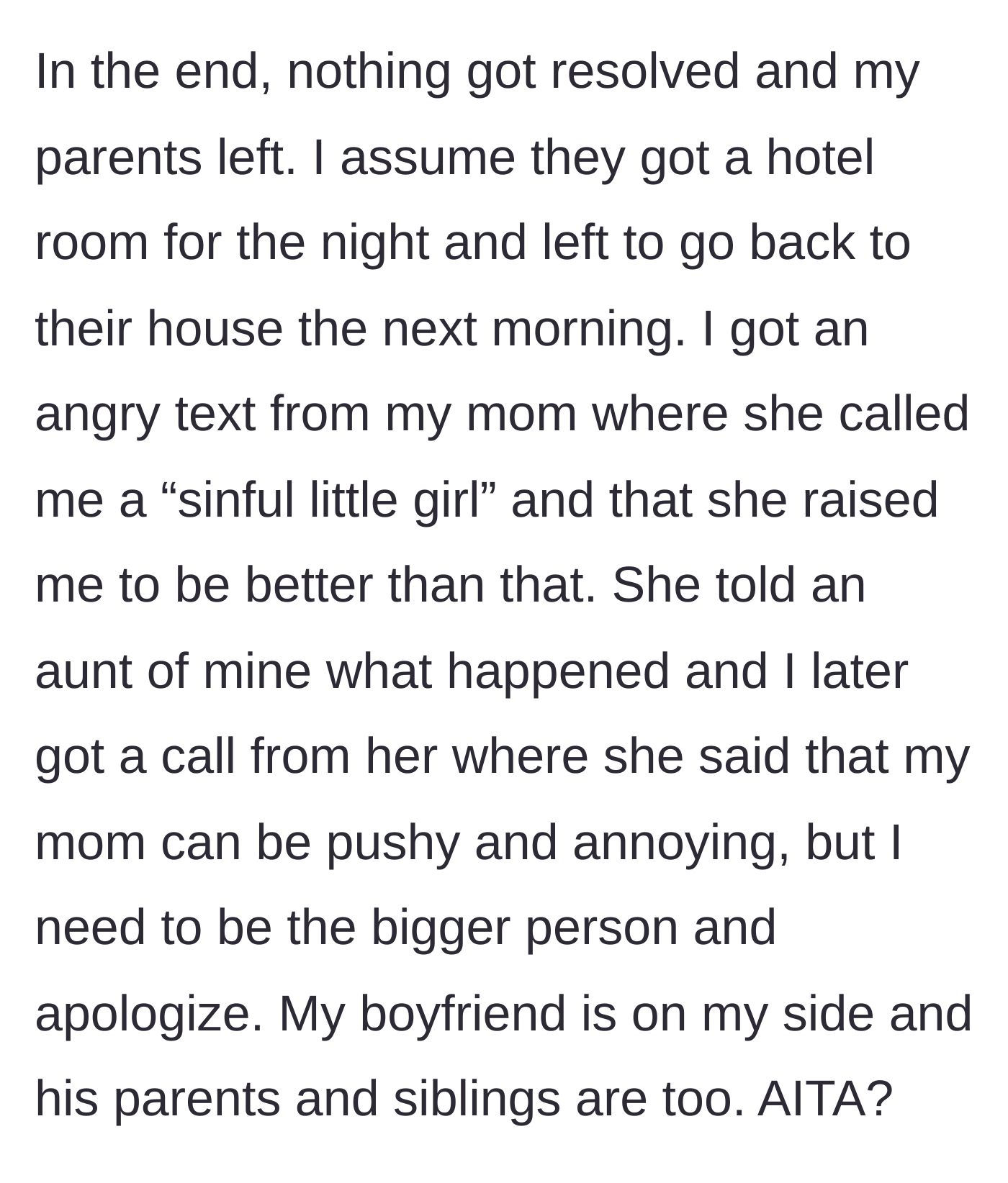 Story part 4 - The parents leaving in a huff, followed by a barrage of guilt-tripping texts and calls.