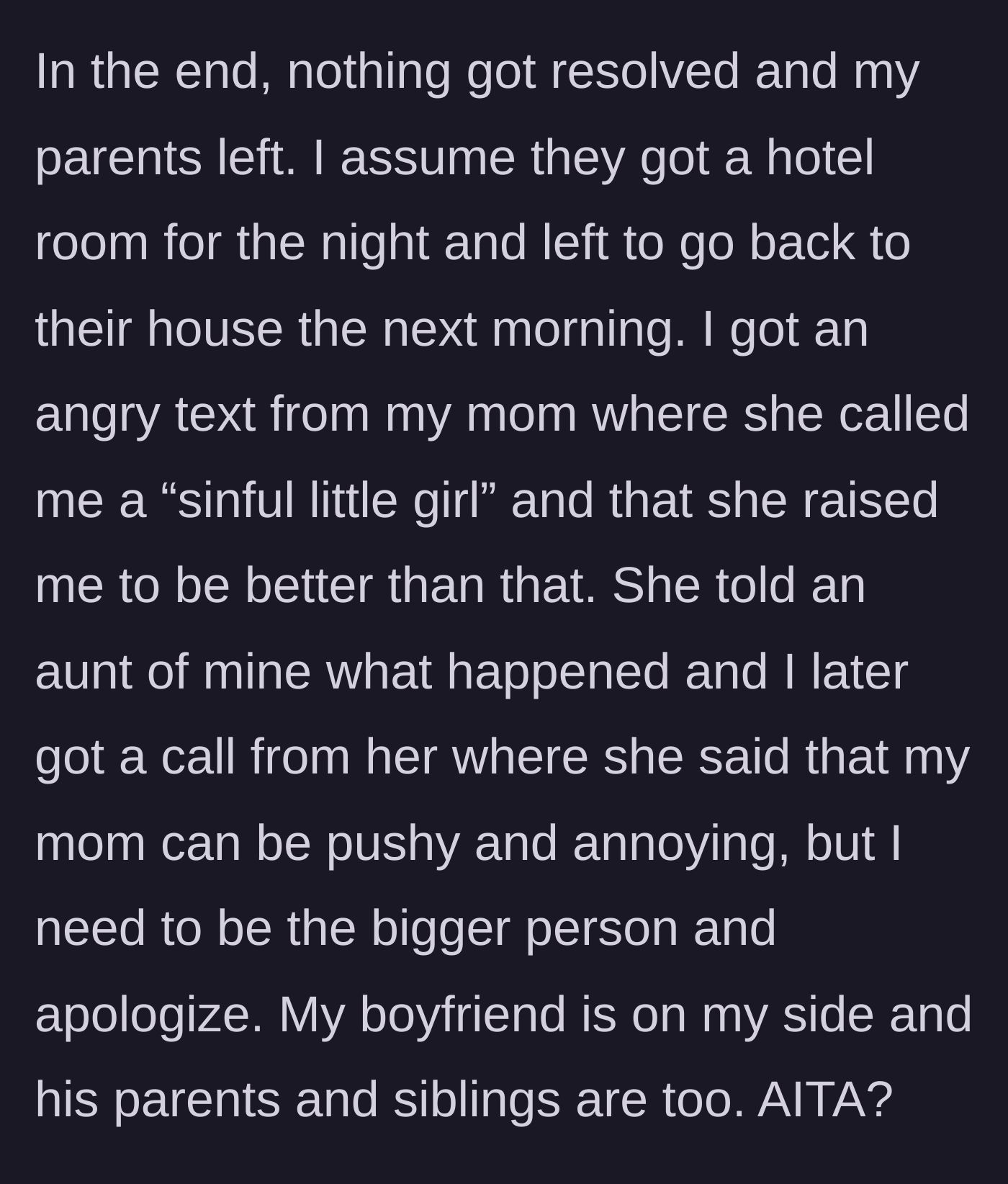 Story part 4 - The parents leaving in a huff, followed by a barrage of guilt-tripping texts and calls.