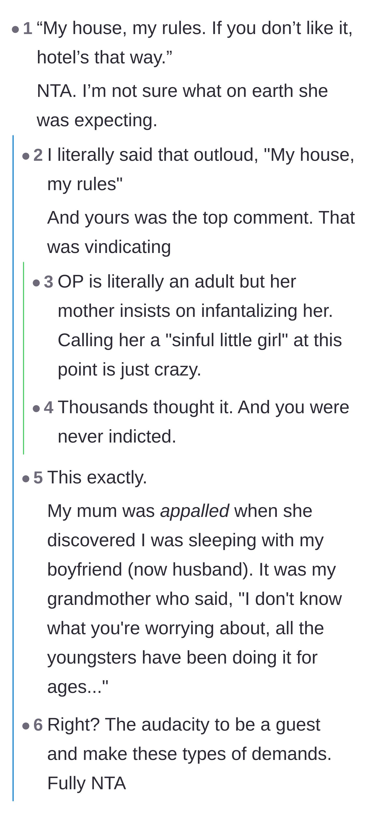 Comment thread 1 - Readers flipping the classic 'my house, my rules' script on the entitled mother.