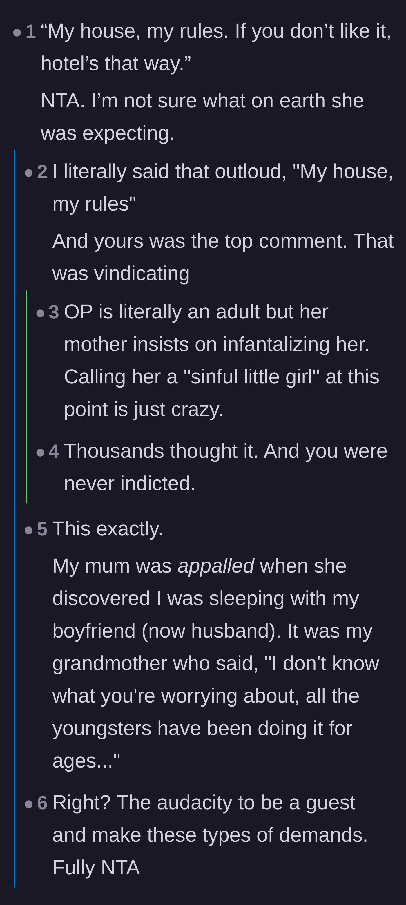 Comment thread 1 - Readers flipping the classic 'my house, my rules' script on the entitled mother.
