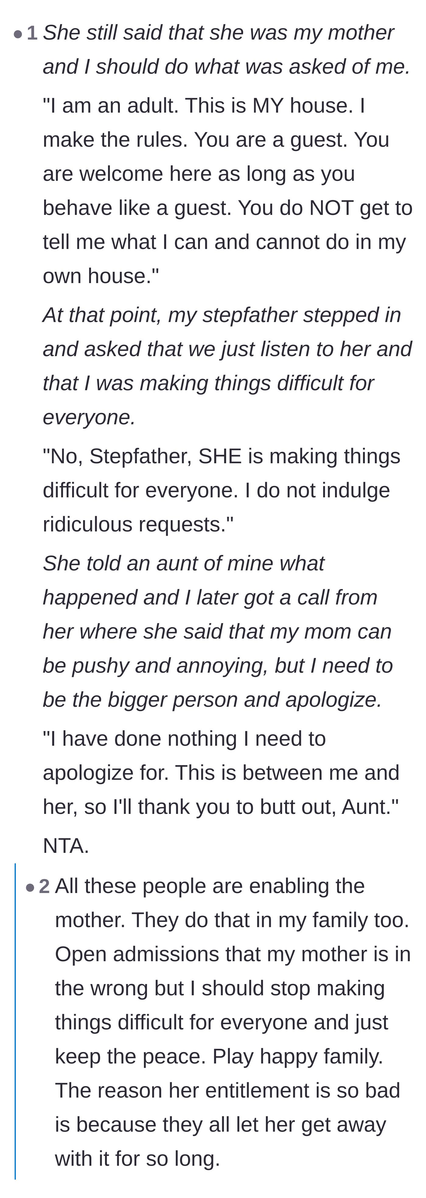 Comment thread 2 - A breakdown of perfect responses to family members enabling the mother's toxic behavior.