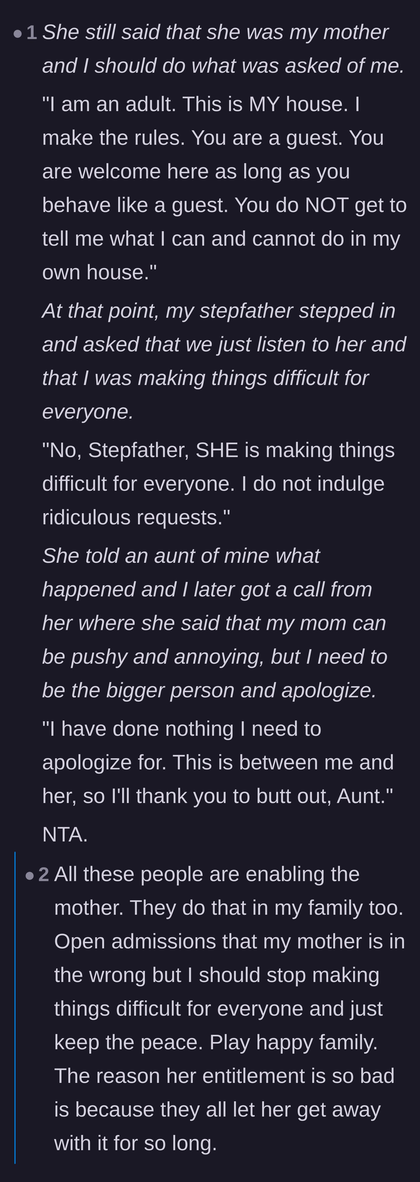 Comment thread 2 - A breakdown of perfect responses to family members enabling the mother's toxic behavior.