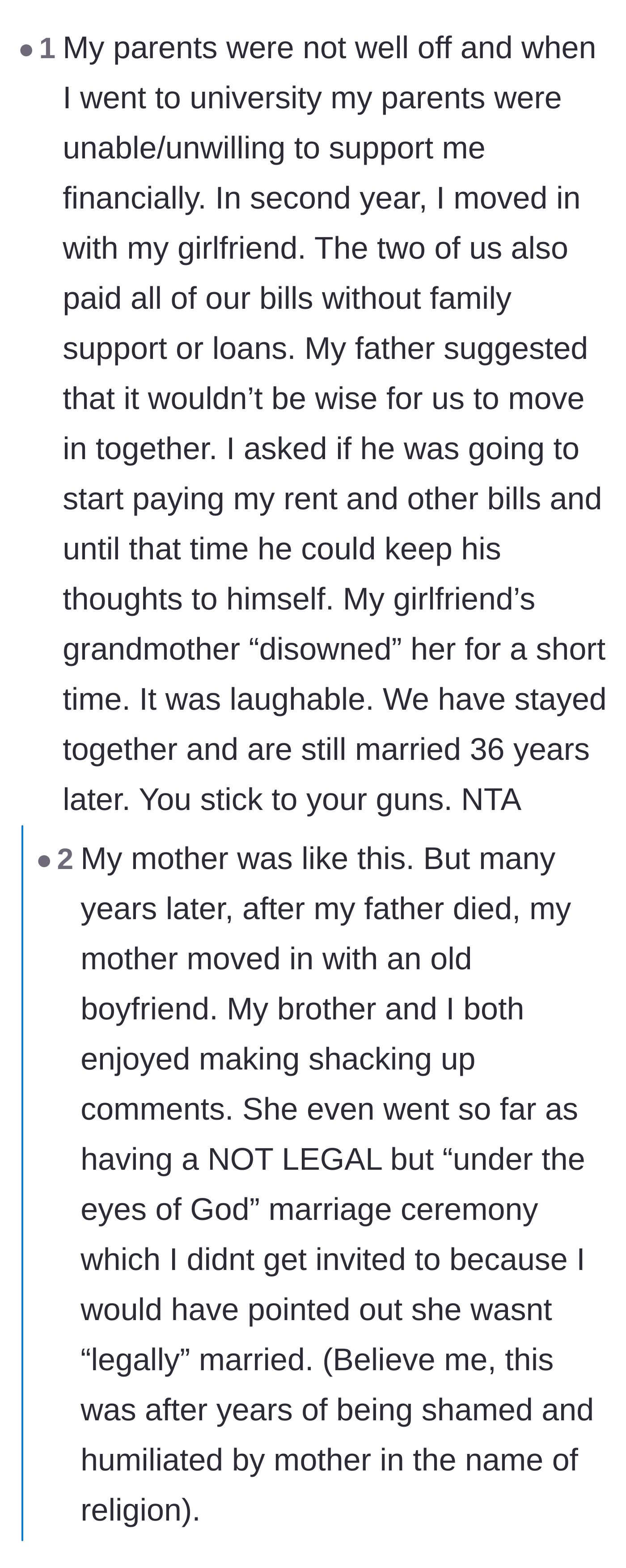 Comment thread 4 - Readers sharing their own success stories of standing up to parents over living with a partner.