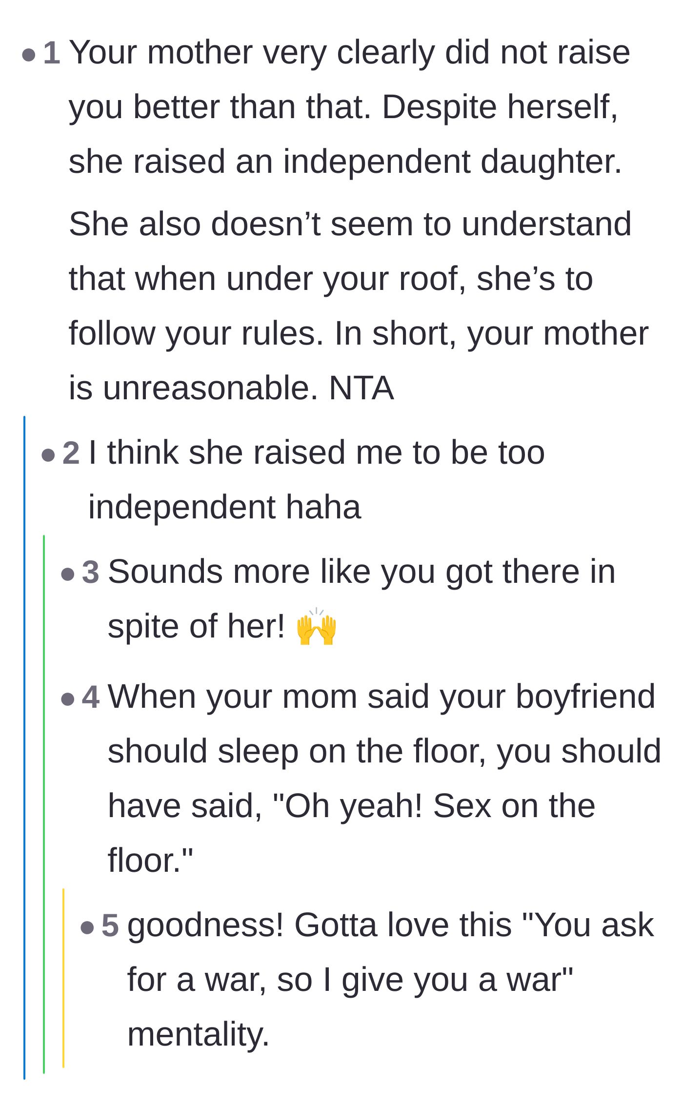 Comment thread 5 - Support for the daughter's independence and a hilarious suggestion for escalating the petty revenge.