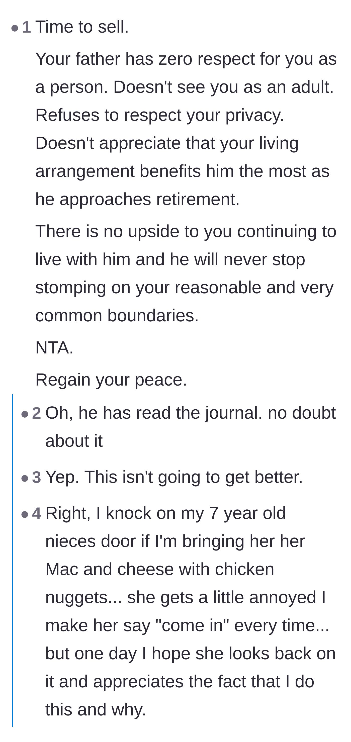 Comment thread 1 - A discussion comparing how people normally respect young children's privacy to this father's blatant disregard for his adult daughter.