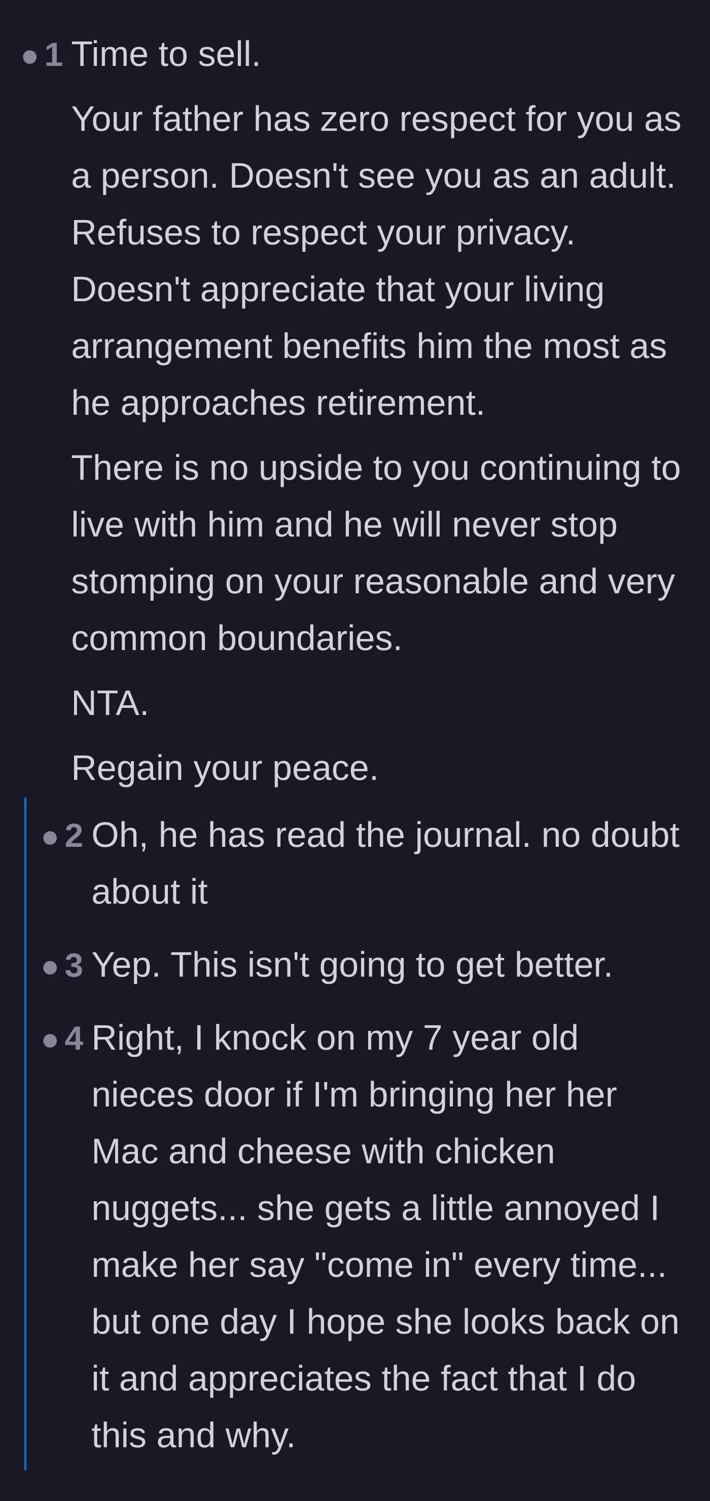 Comment thread 1 - A discussion comparing how people normally respect young children's privacy to this father's blatant disregard for his adult daughter.