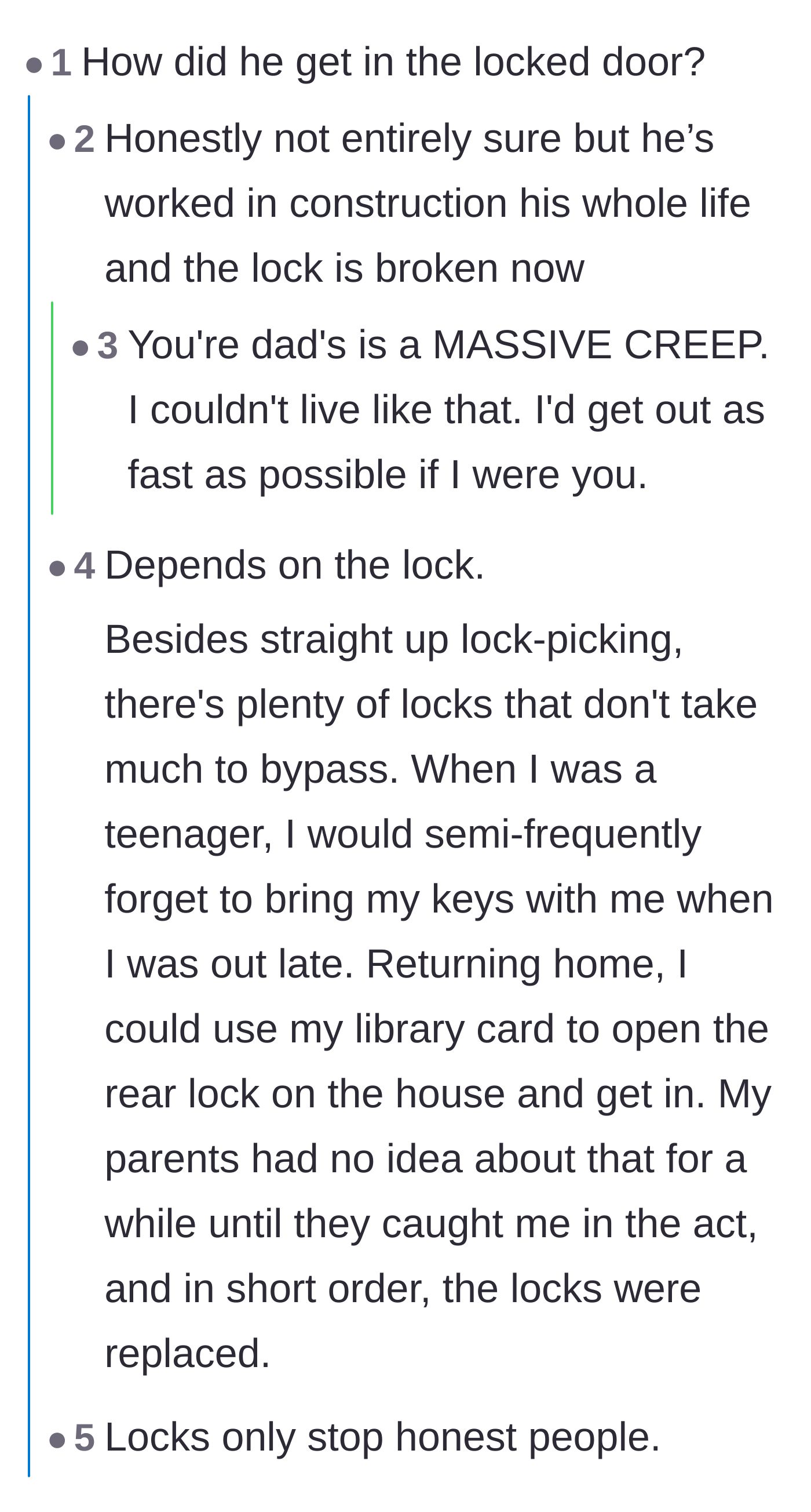 Comment thread 2 - Readers reacting in horror to the revelation that the father used his construction background to physically break the daughter's lock.