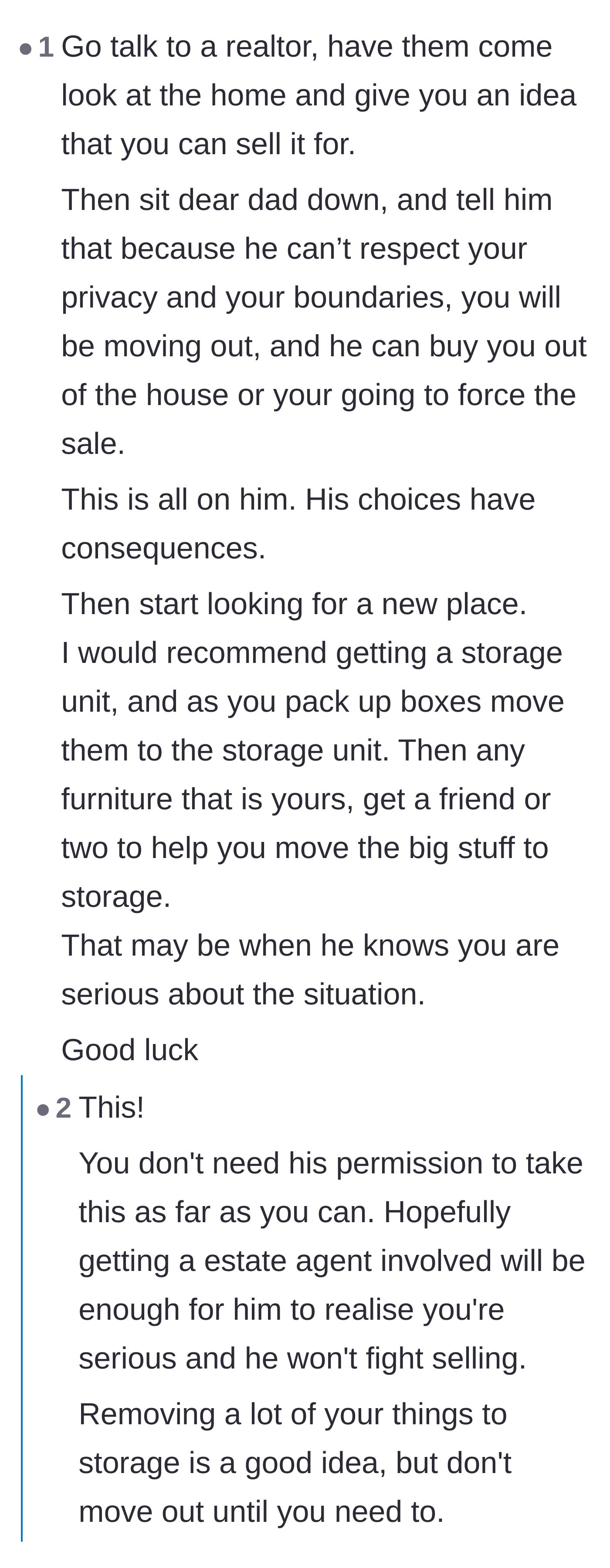 Comment thread 3 - A tactical step-by-step guide on secretly moving items to storage and delivering a real estate ultimatum.