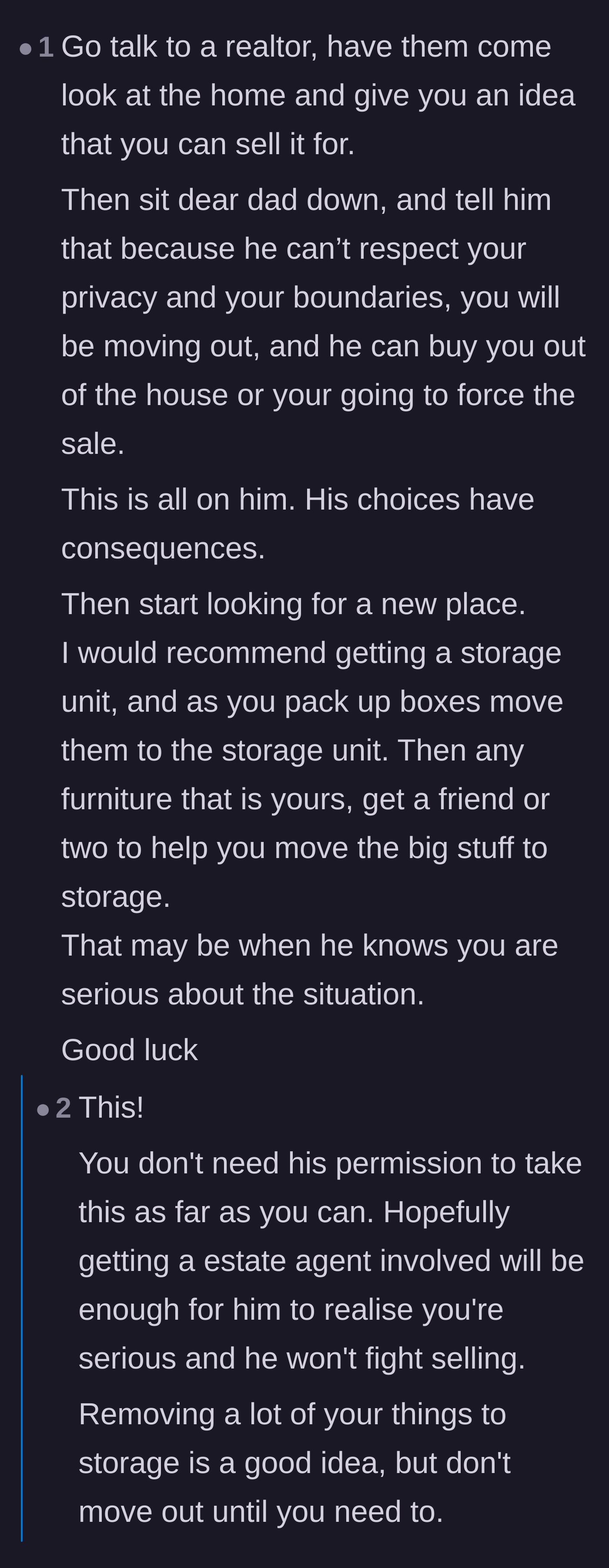 Comment thread 3 - A tactical step-by-step guide on secretly moving items to storage and delivering a real estate ultimatum.