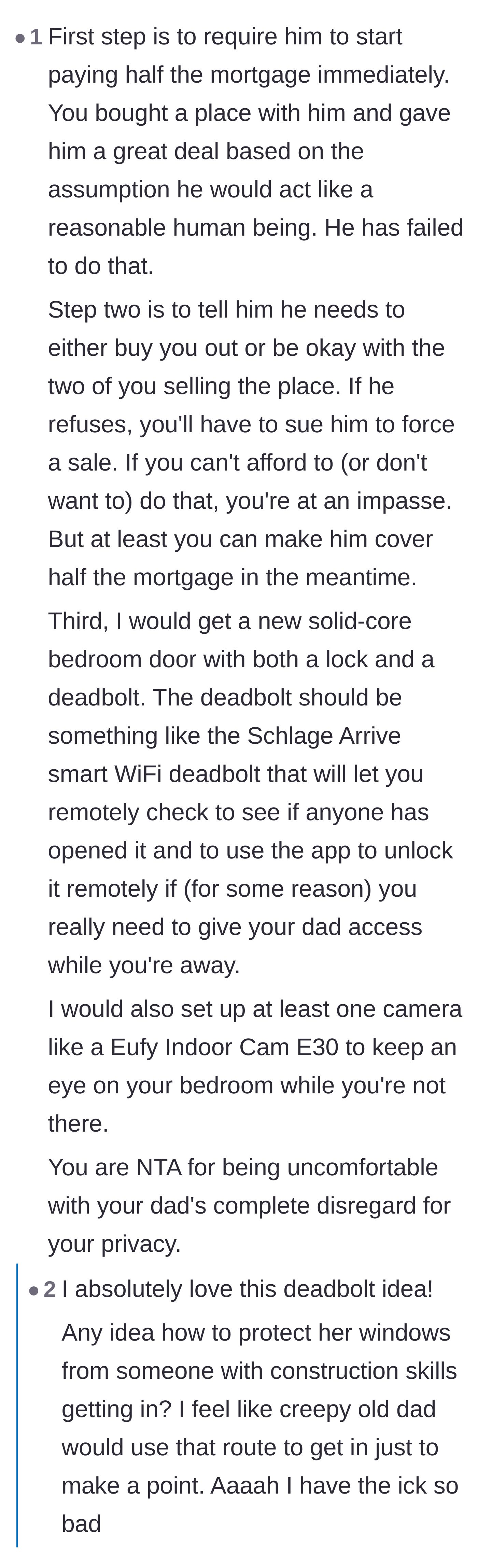 Comment thread 5 - Advice on immediate financial retaliation, demanding half the mortgage, and installing heavy-duty smart locks and cameras.