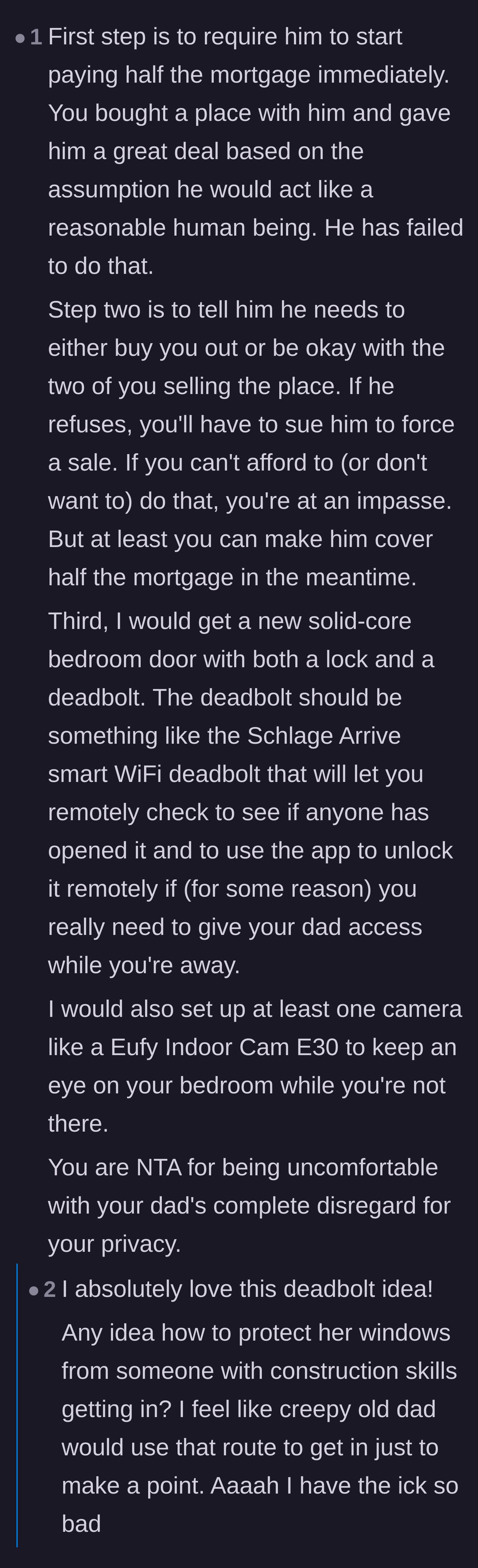Comment thread 5 - Advice on immediate financial retaliation, demanding half the mortgage, and installing heavy-duty smart locks and cameras.