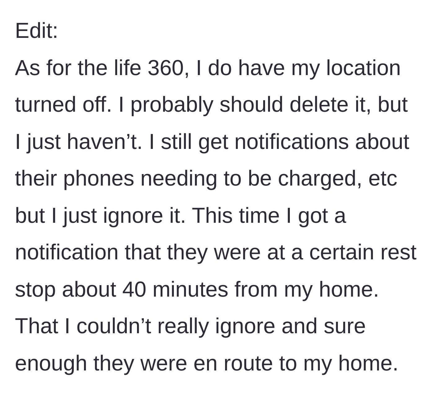 Story part 5 - The daughter clarifies how the tracking app alerted her to their location despite her having her own location turned off.