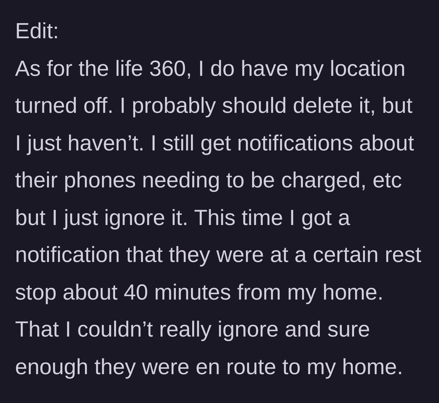 Story part 5 - The daughter clarifies how the tracking app alerted her to their location despite her having her own location turned off.